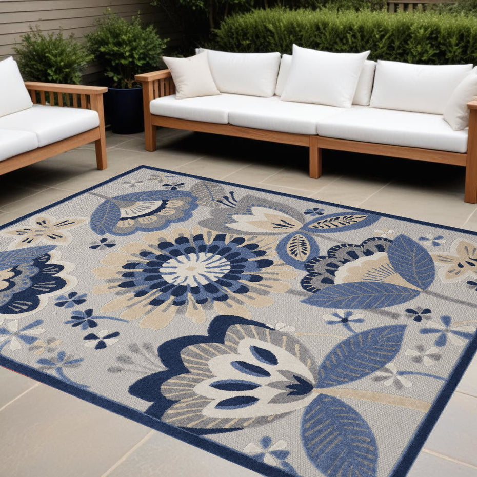 9' X 12' Floral Non Skid Indoor / Outdoor Area Rug - Blue / Gray