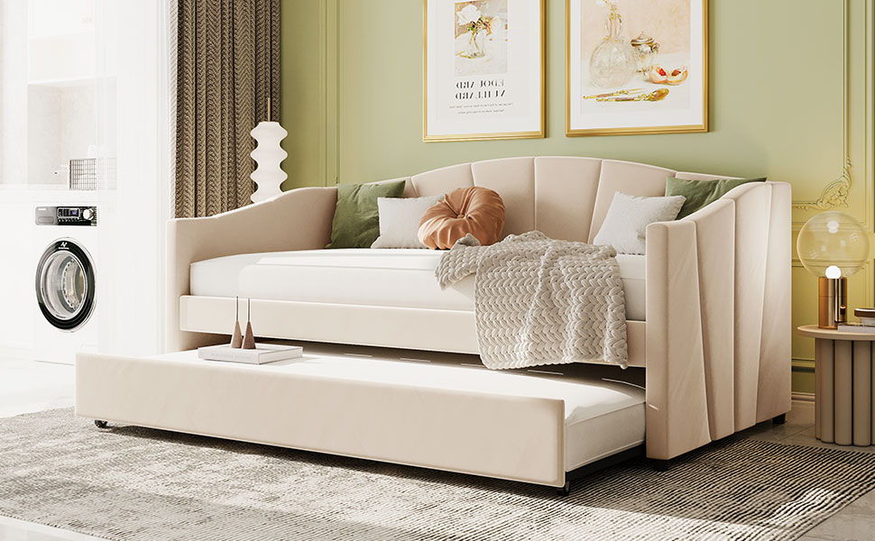 Upholstered Daybed Sofa Bed With Trundle Bed And Wood Slat