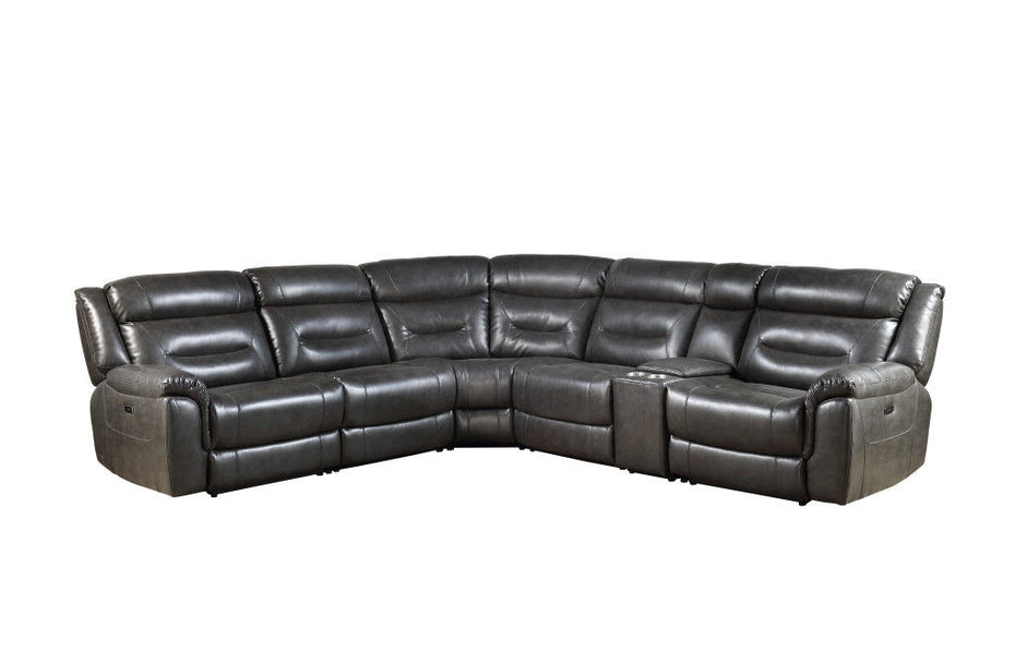 Faux Leather L Shaped Power Reclining Six Piece Corner Sectional With Console - Gray