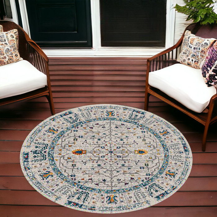 7' Round Round Southwestern Stain Resistant Indoor / Outdoor Area Rug - Yellow / Ivory