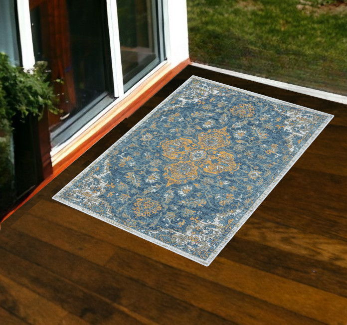 2' X 3' Medallion Stain Resistant Indoor / Outdoor Area Rug - Blue / Ivory