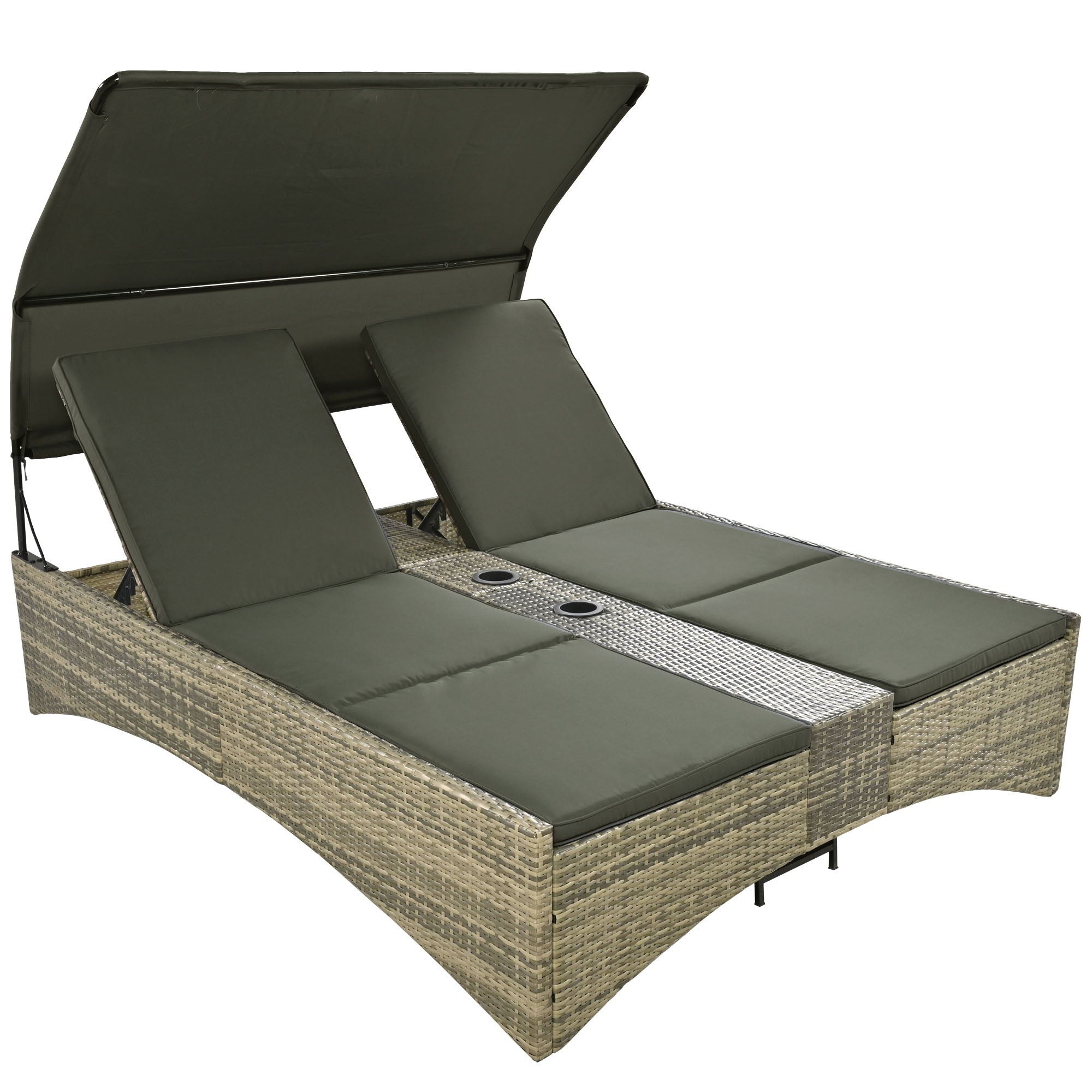 Patio Daybed Outdoor Daybed Sun Lounger With Shelter Roof With Adjustable Backrest, Storage Box And 2 Cup Holders For Patio, Balcony, Poolside