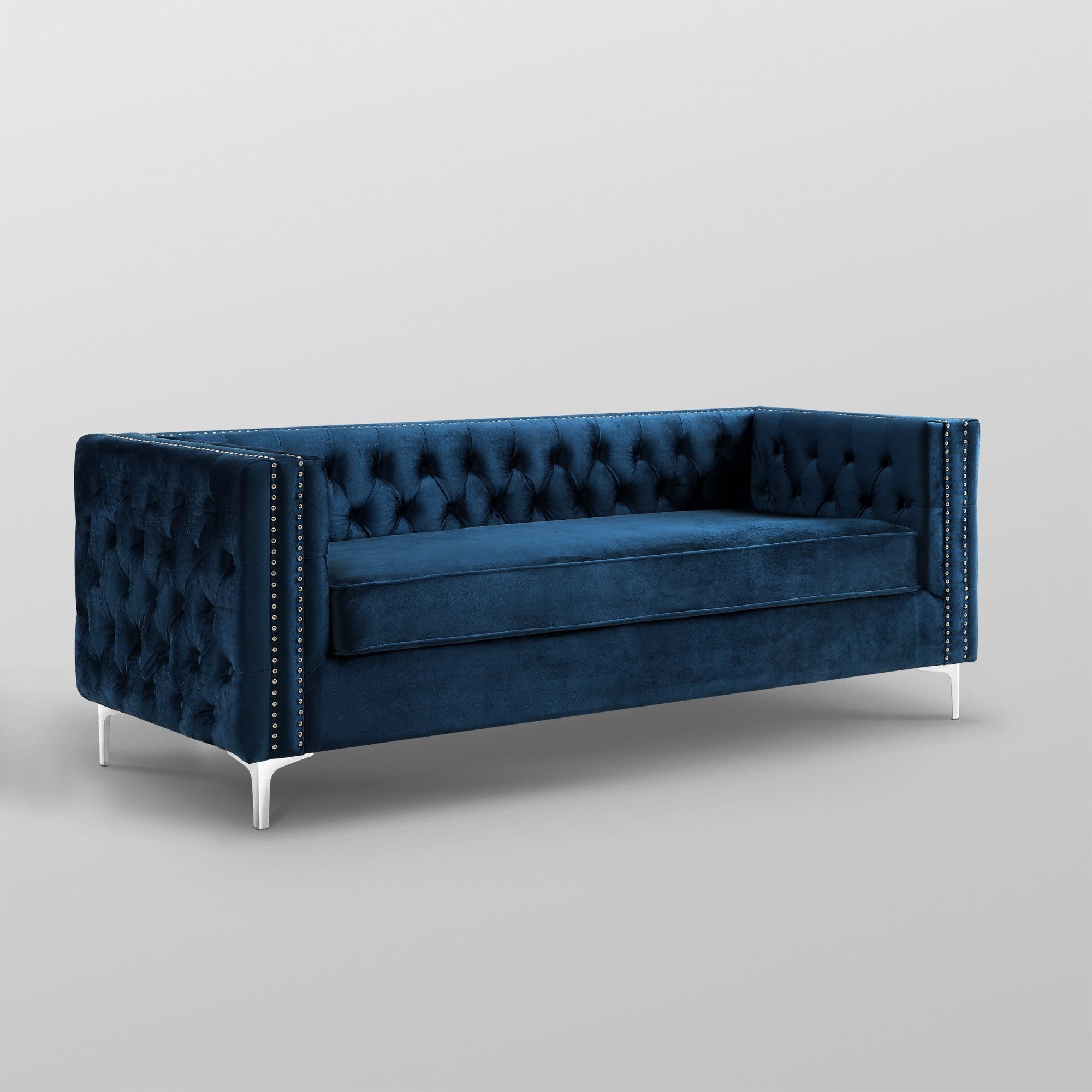 Velvet Sofa With Silver Legs - Navy Blue