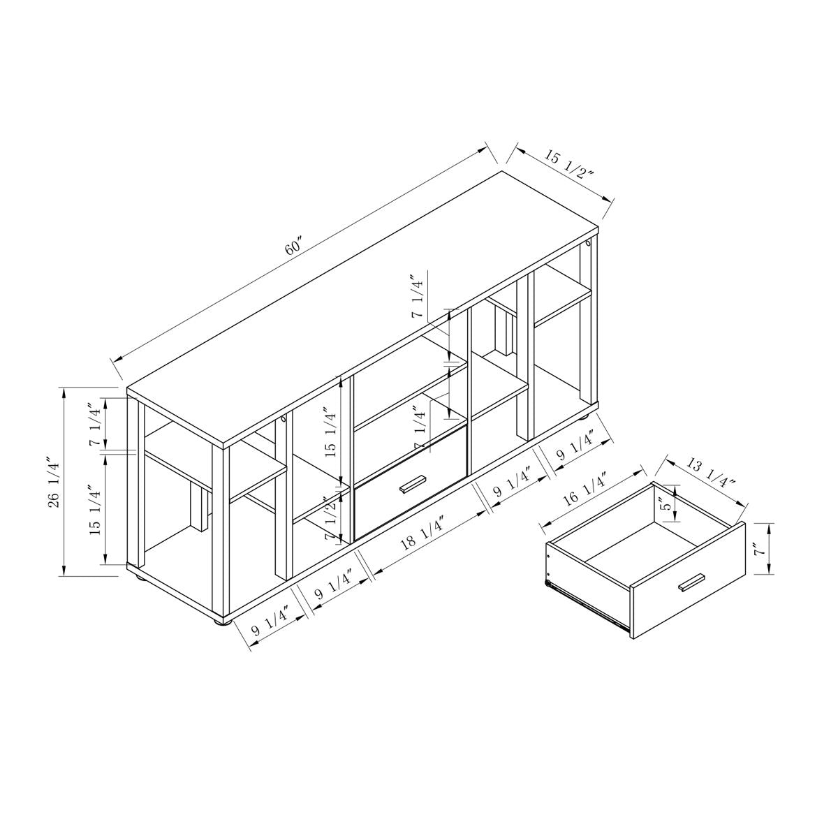 TV Stand With Unique Bookcase Design With Eight Shelves, One Drawer - Distressed Gray