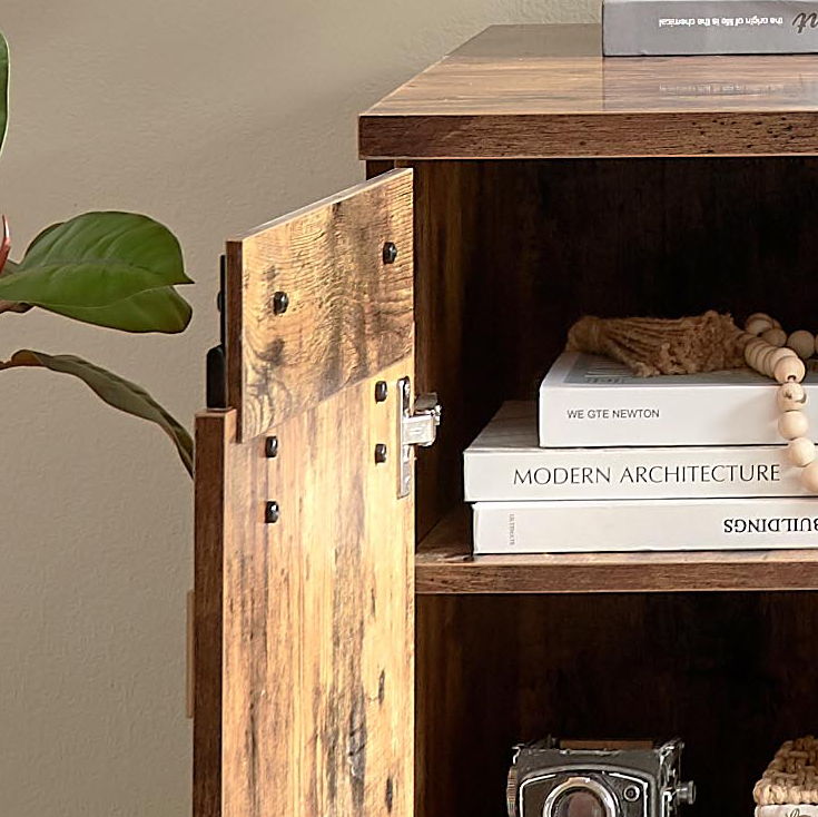 Home Office Desk One Cabinet Three Shelves Faux Barn Door On Metal Euro Hinges Modesty Panel - Distressed Wood