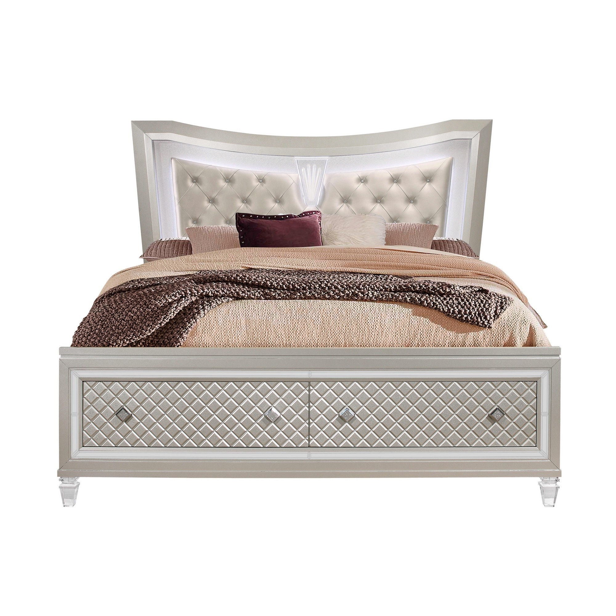 Queen Bed With Padded Headboard Led Lightning 2 Drawer - Champagne Tone