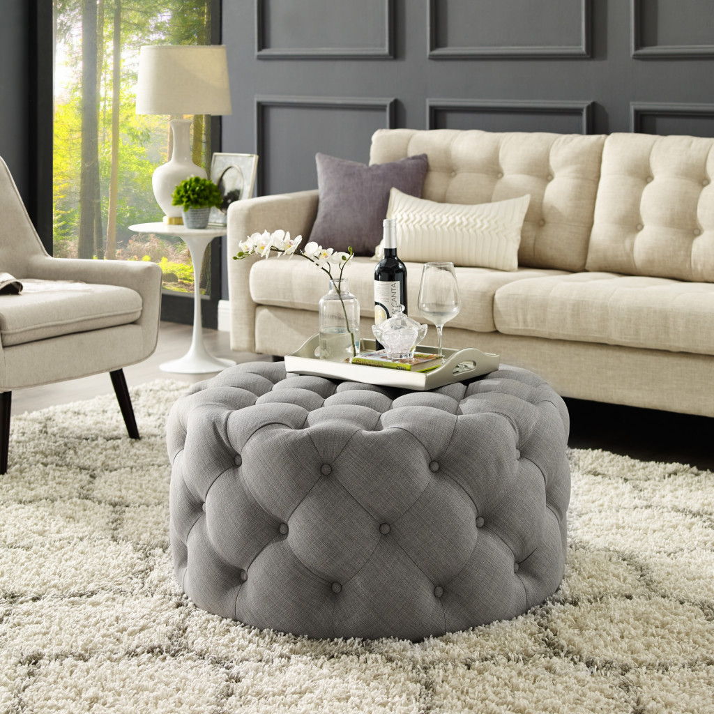 Linen Rolling Tufted Round Cocktail Ottoman - Light Gray