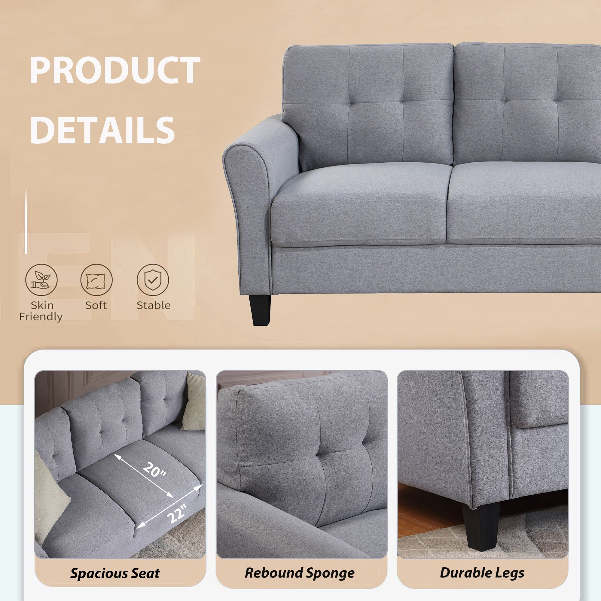 Modern Living Room Loveseat Linen Upholstered Couch Furniture For Home Or Office