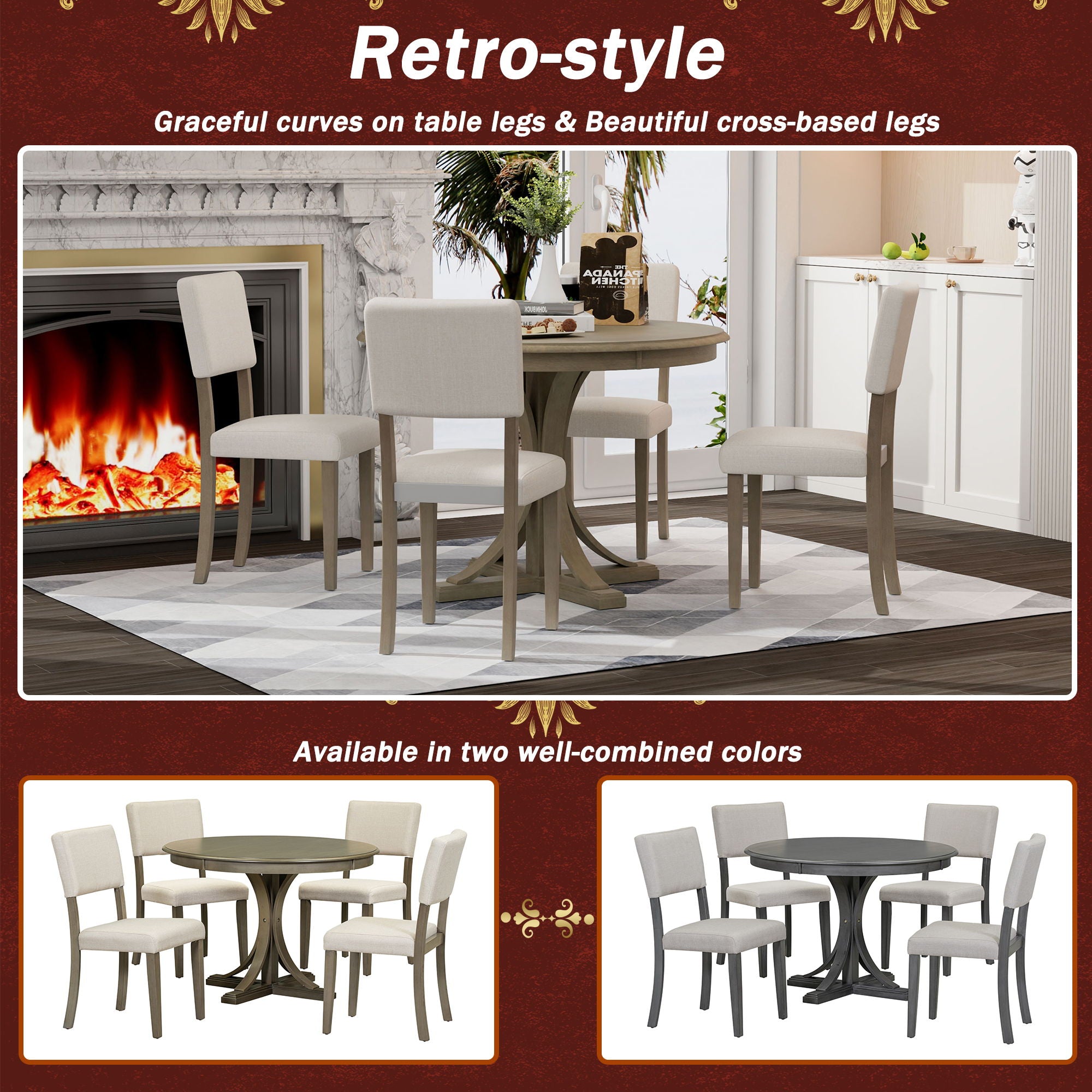 Retro Round Dining Table Set With Curved Trestle Style Table Legs And Upholstered Chairs For Dining Room