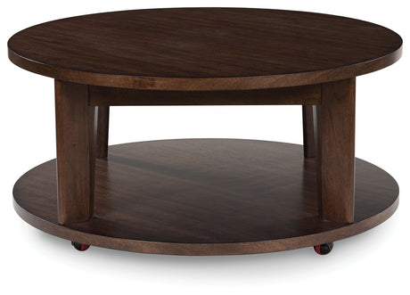 Korestone 2 - Dark Brown - Round Cocktail Table by Signature Design by Ashley® | Bel Furniture
