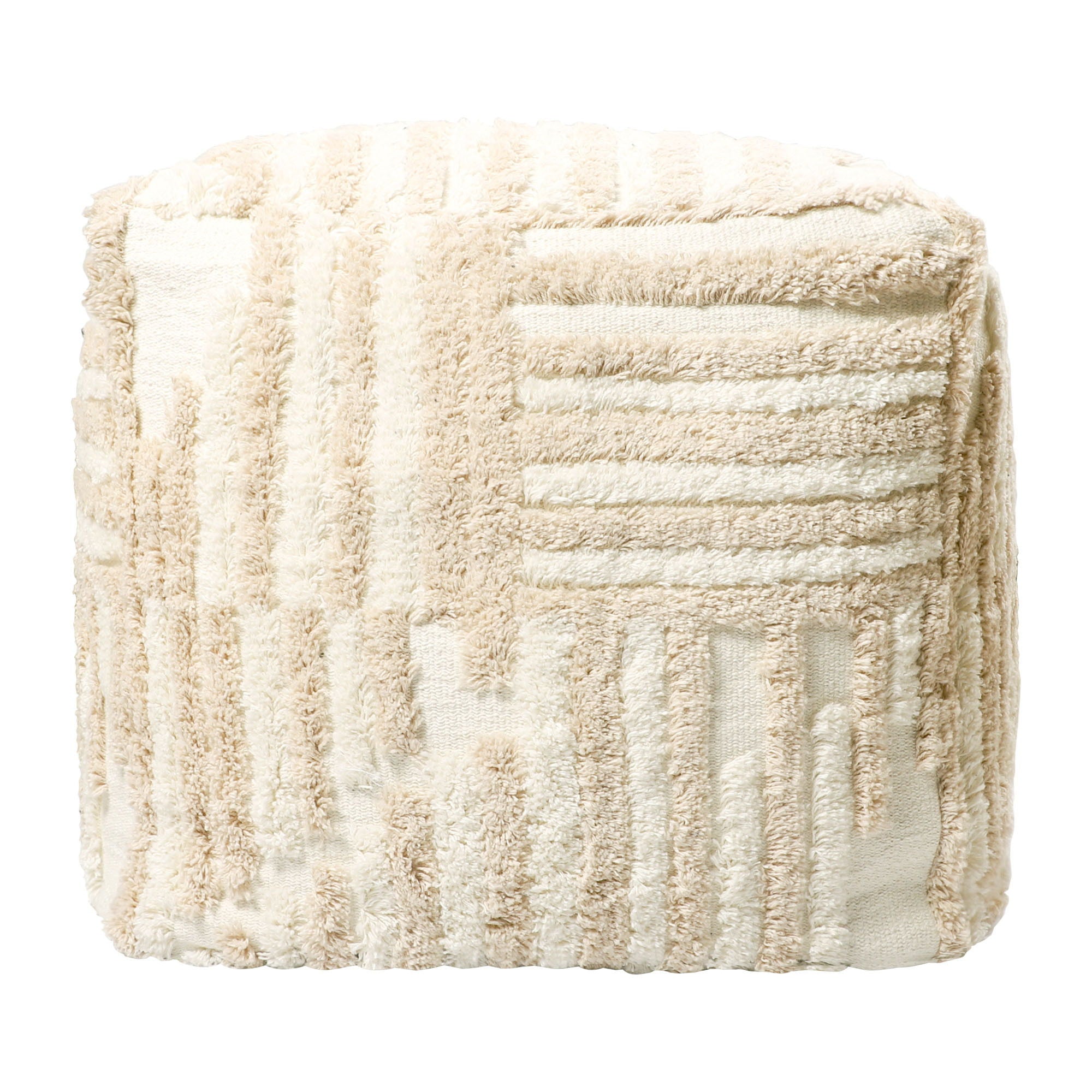 Cotton Cube Striped Pouf Ottoman - Beige