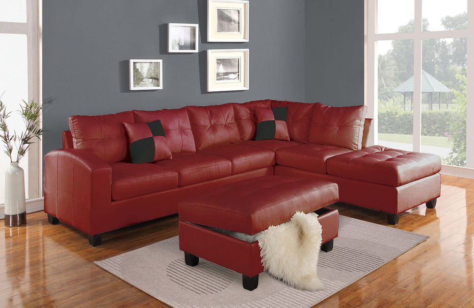 Bonded Leather Reversible Sectional Sofa With 2 Pillows - Red