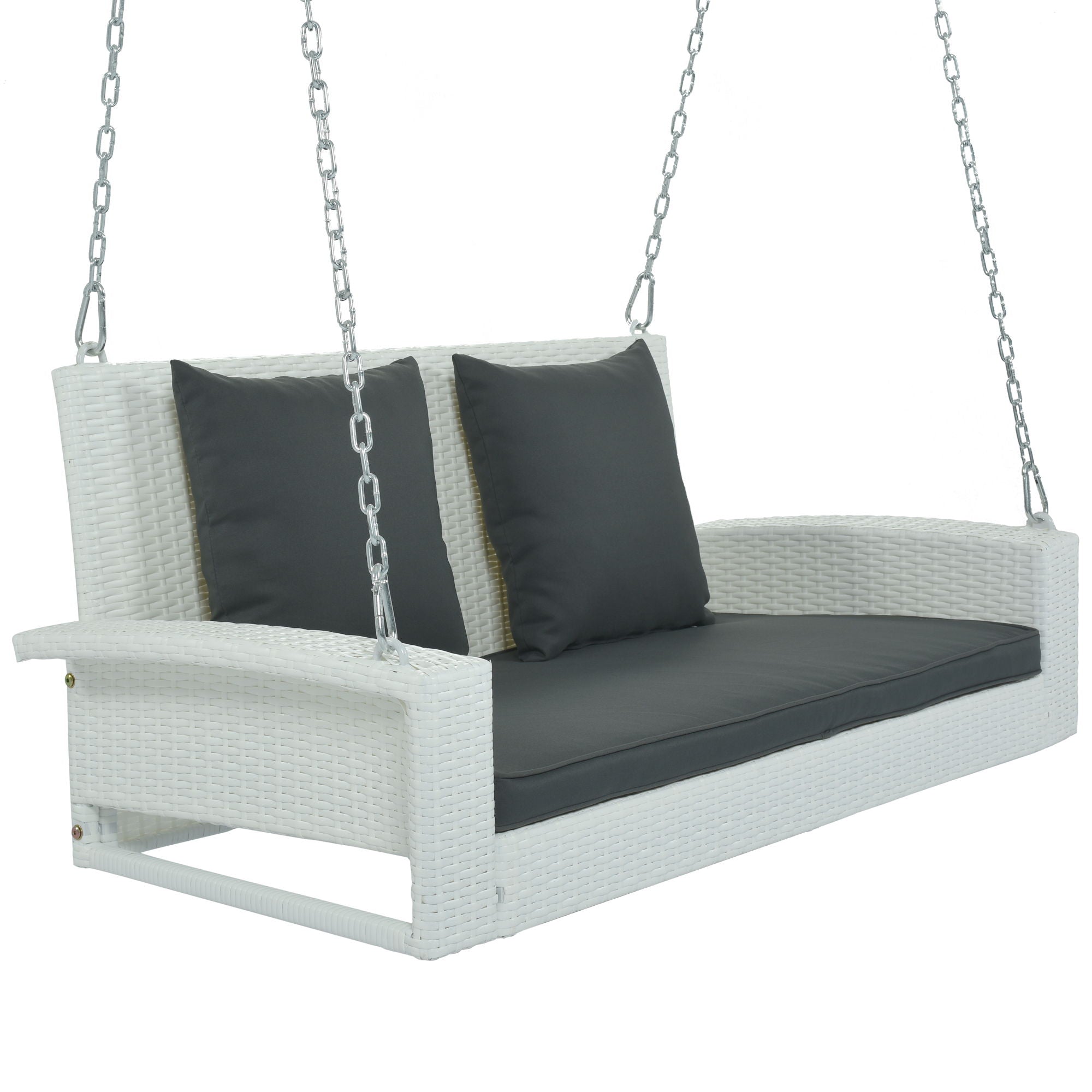 2 Person Wicker Hanging Porch Swing With Chains, Cushion, Pillow, Rattan Swing Bench For Garden, Backyard