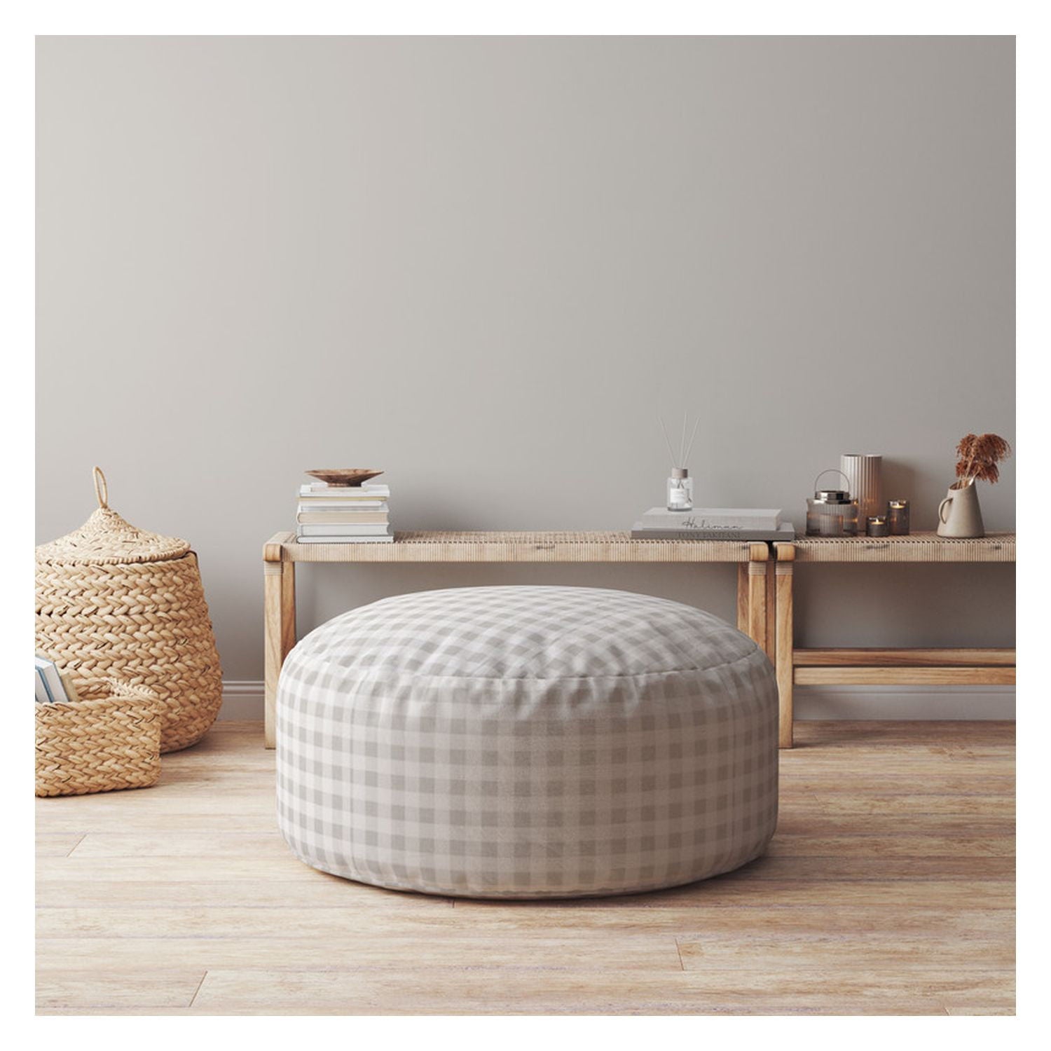 Cotton Round Gingham Pouf Cover - Gray