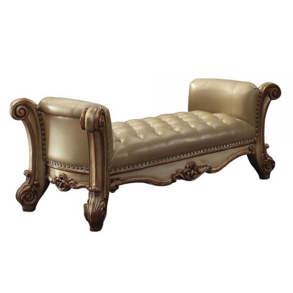 Upholstered Faux Leather Bench - Beige / Gold