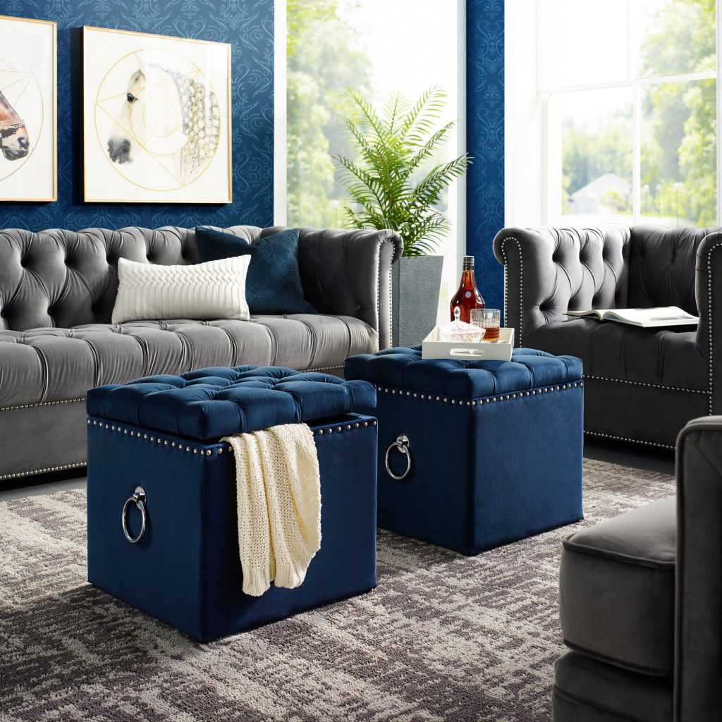 Velvet Tufted Storage - Navy Blue / Black