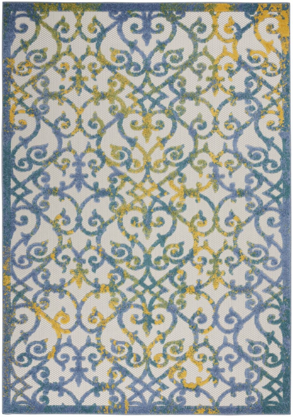 5' X 8' Floral Indoor / Outdoor Area Rug - Ivory / Blue