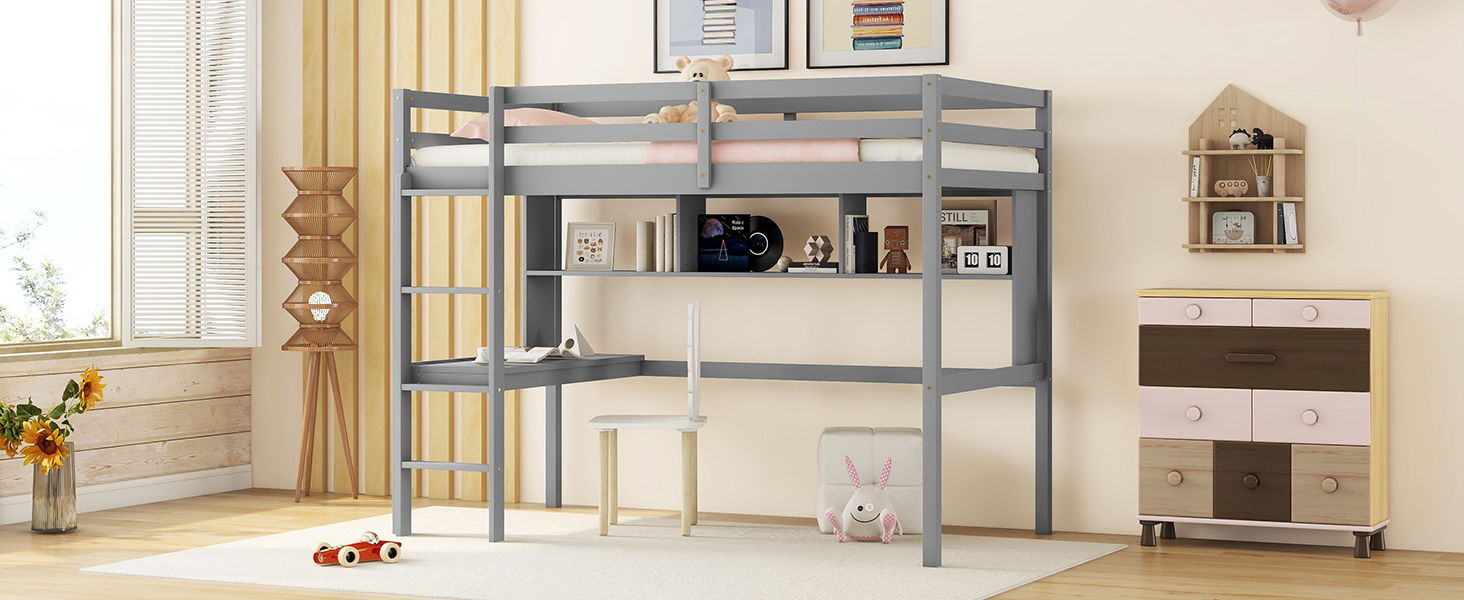 Loft Bed With Desk And Shelves, Safety Guardrail And Ladder