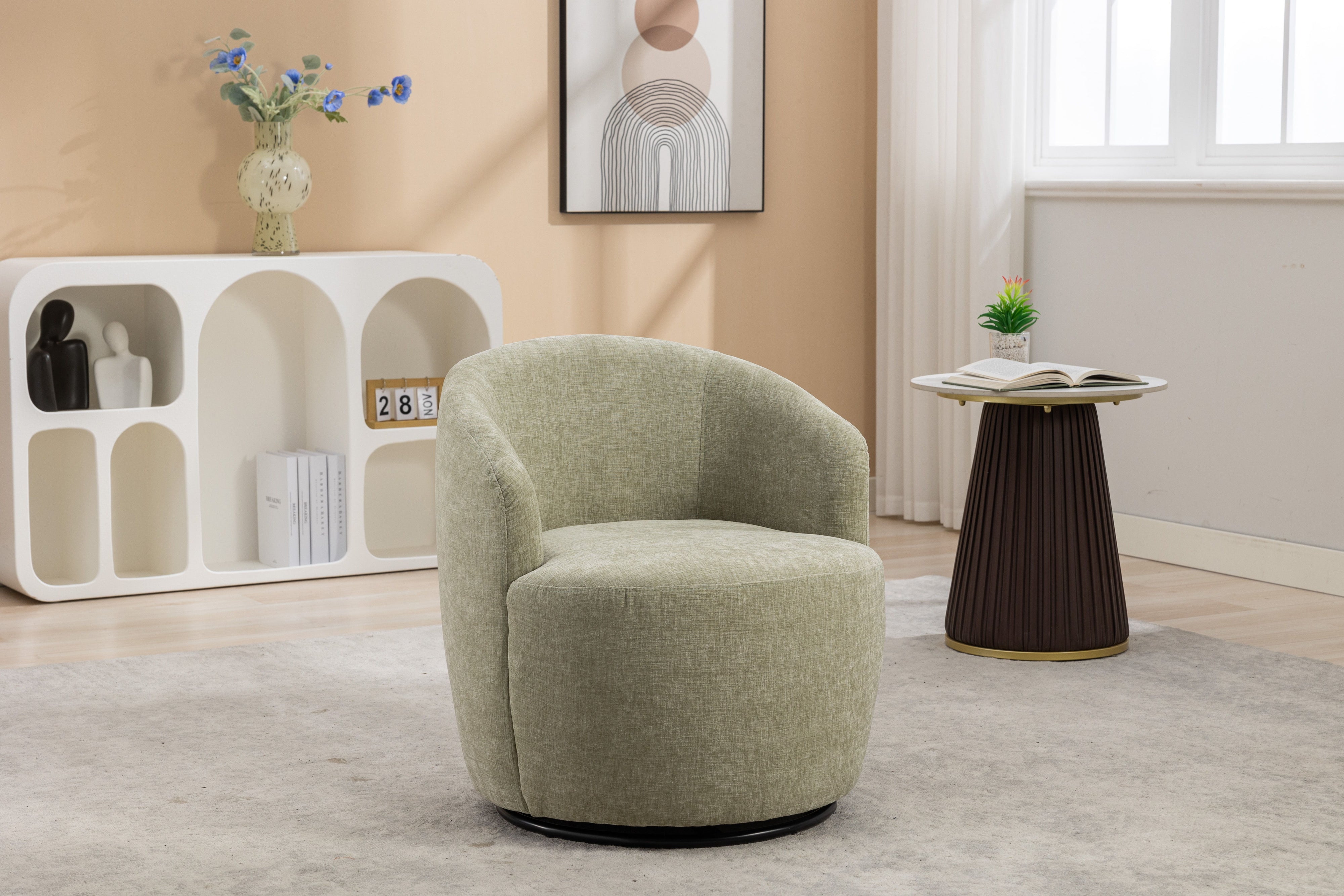 Chenille Fabric Swivel Accent Armchair Barrel Chair With Powder Coating Metal Ring