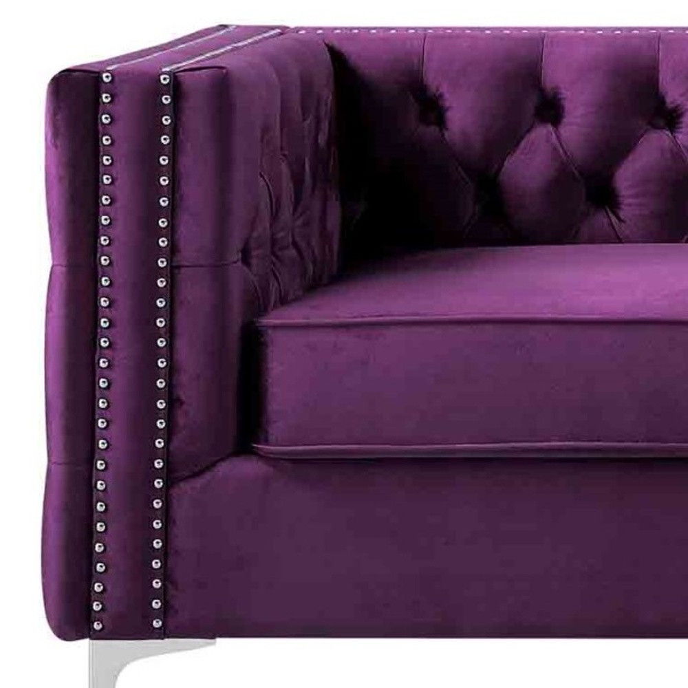 Velvet Sofa With Silver Legs - Purple