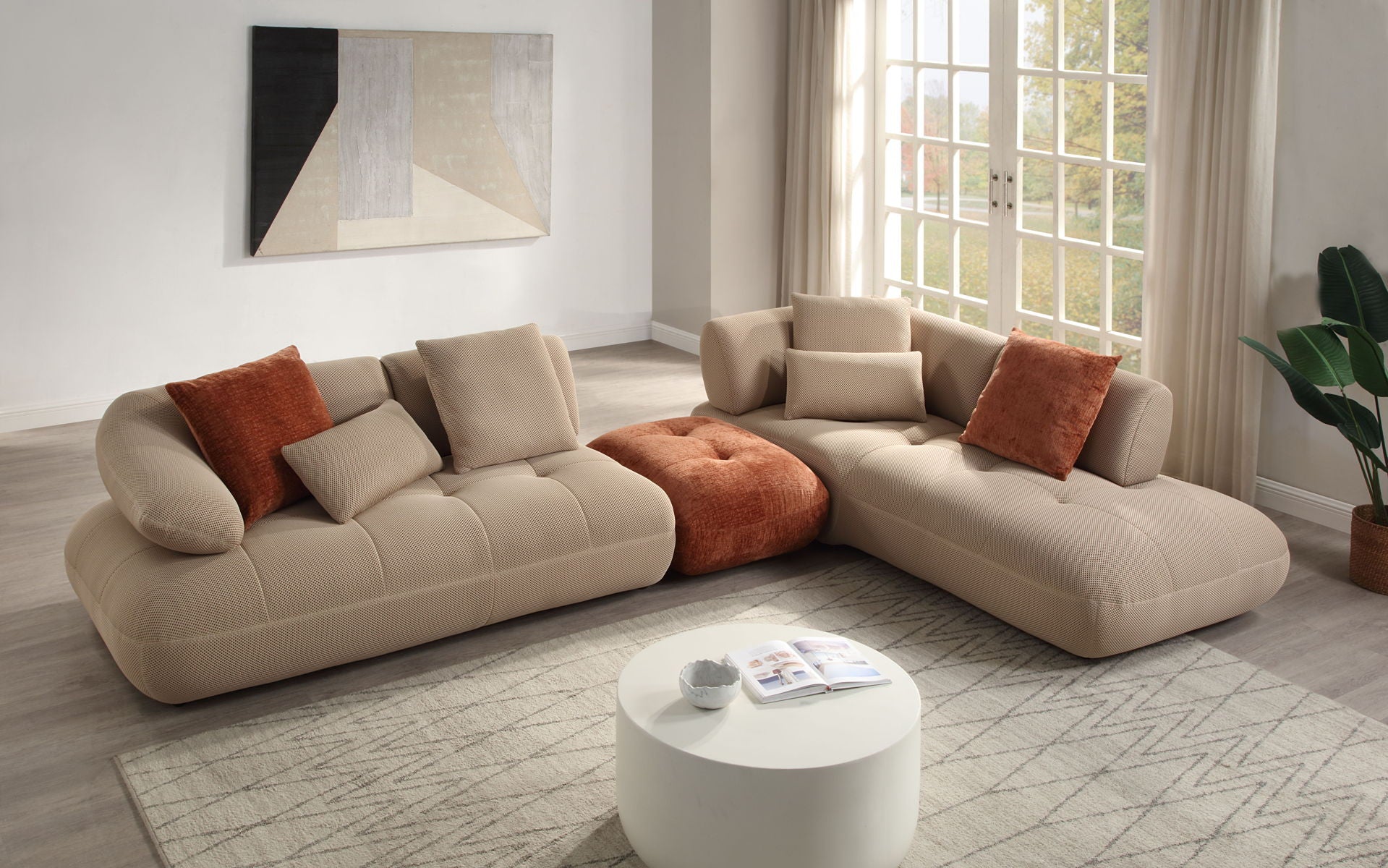 Carrick - Sandwich Mesh Sectional Sofa With An Ottoman - Beige