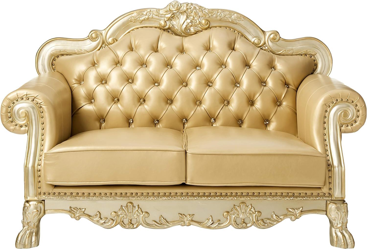 Faux Leather Loveseat And Toss Pillows - Bone / Gold