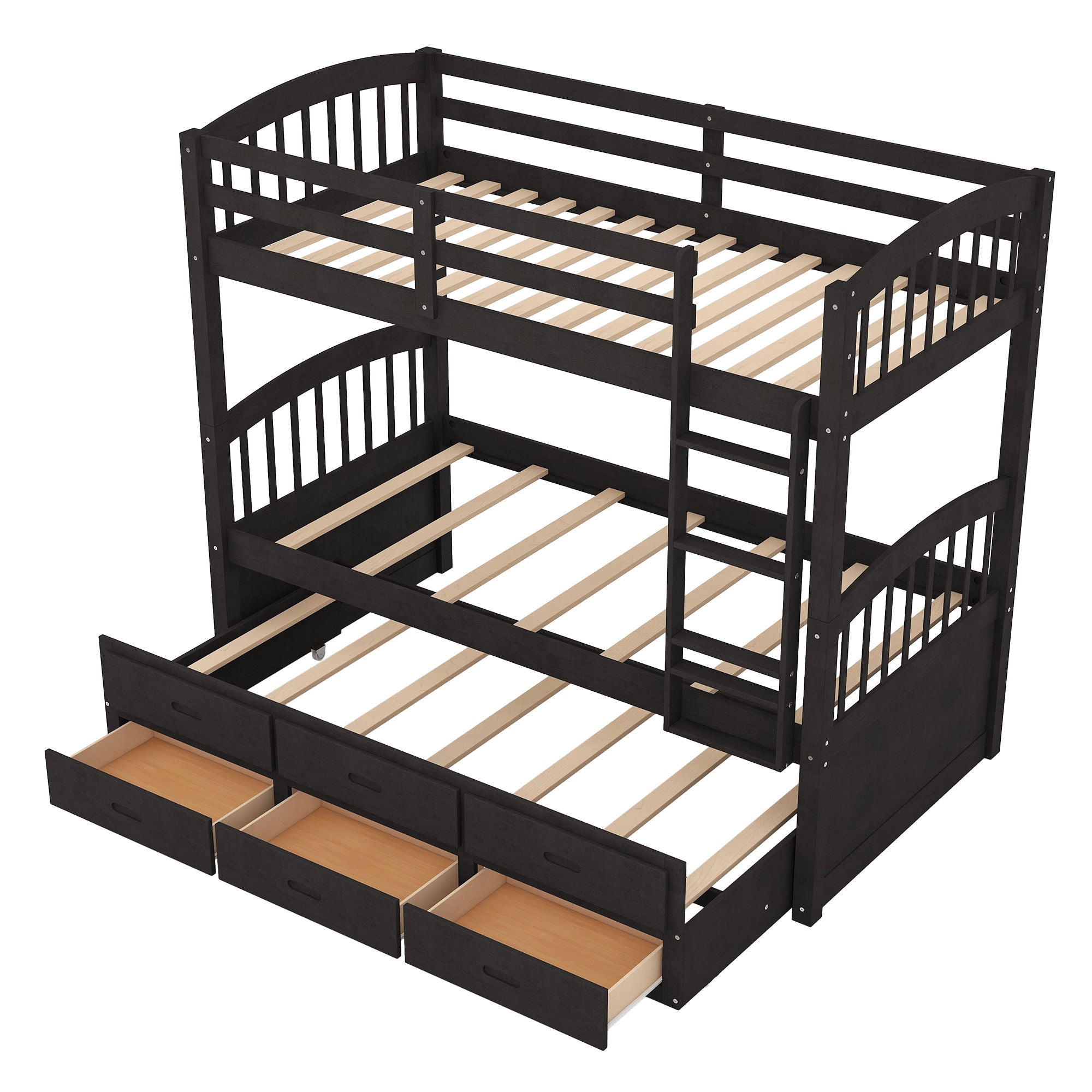 Twin Over Twin Wood Bunk Bed With Trundle And Drawers - Espresso