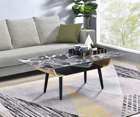 Landon - Coffee Table With Glass Marble Texture Top And Bent Wood Design by Lilola Home | Bel Furniture