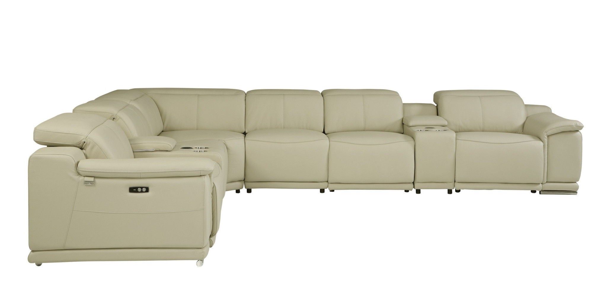 Italian Leather Power Reclining U Shaped, Eight Piece Corner Sectional With Console - Beige