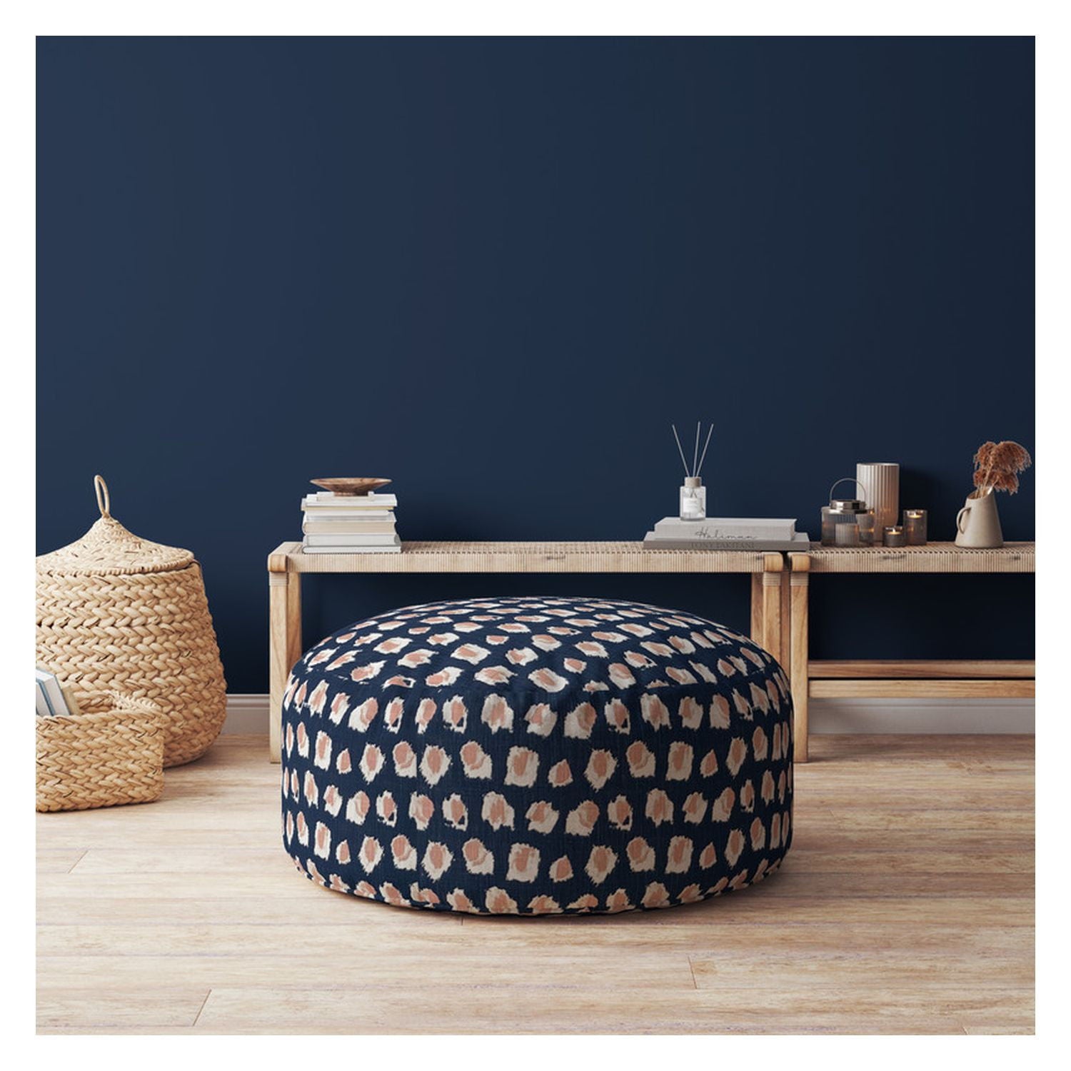 Canvas, Round Abstract Pouf Ottoman - Blue