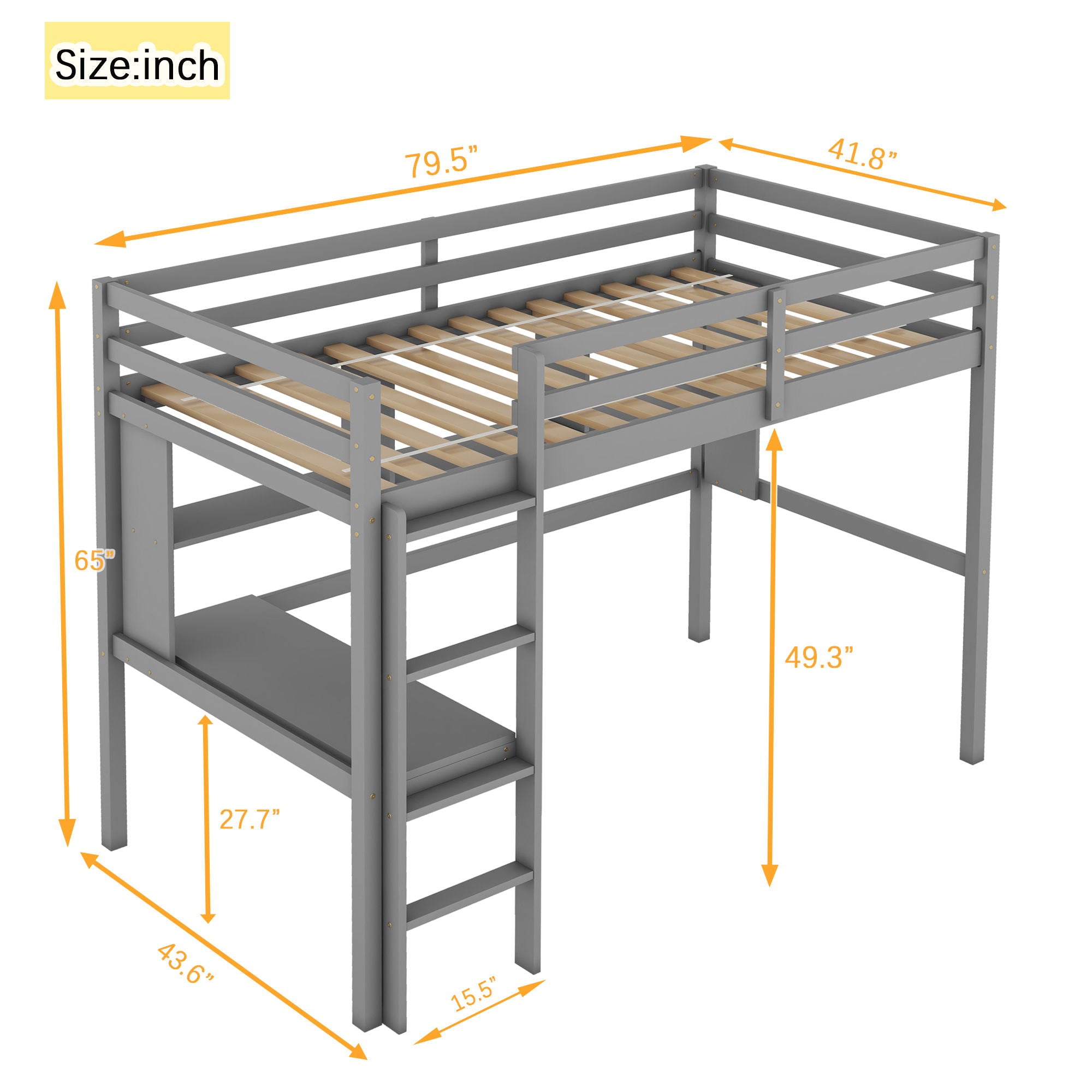 Loft Bed With Desk And Shelves, Safety Guardrail And Ladder