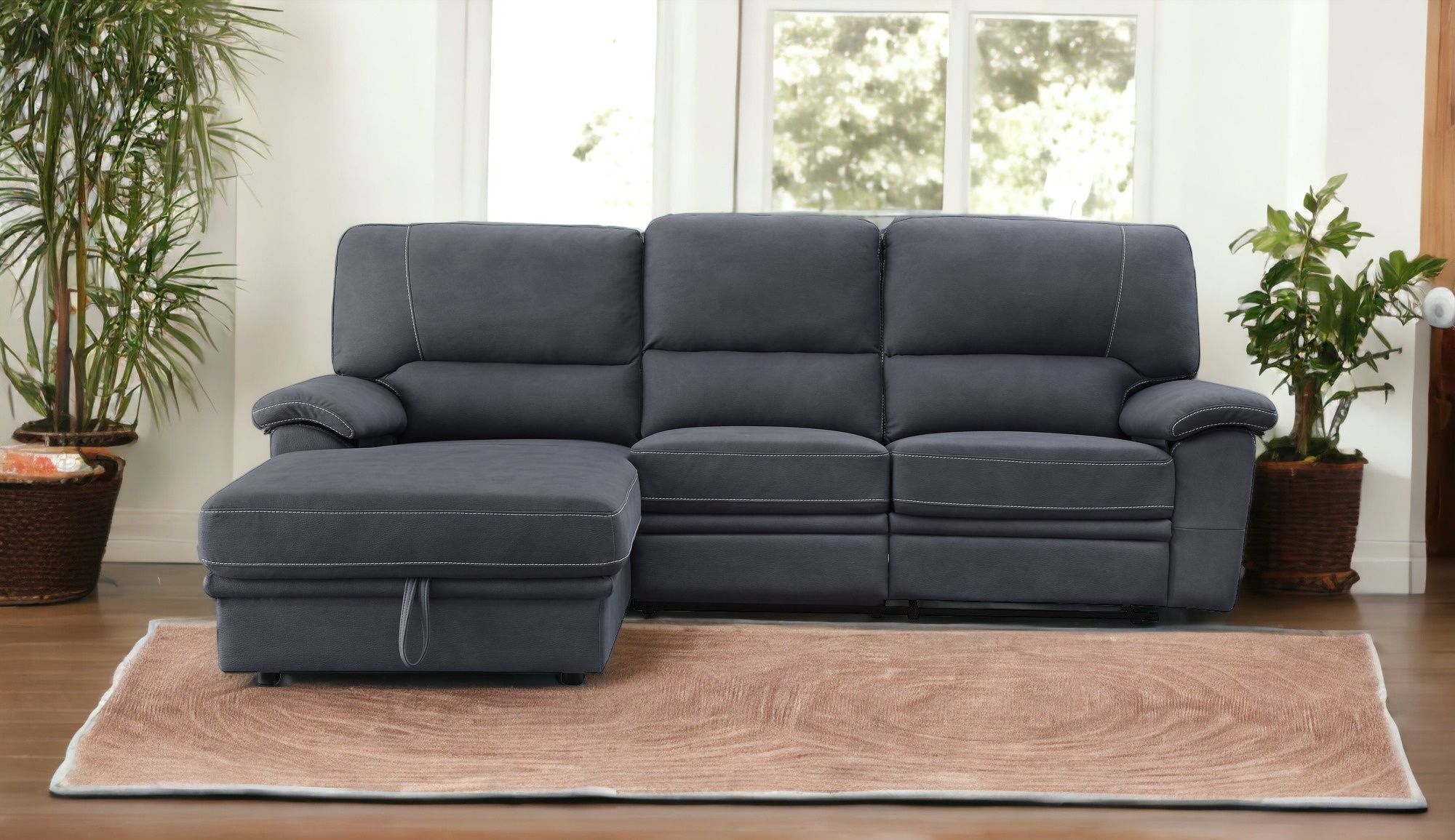 Polyester Reclining L Shaped Three Piece Sofa And Chaise Sectional - Dark Gray