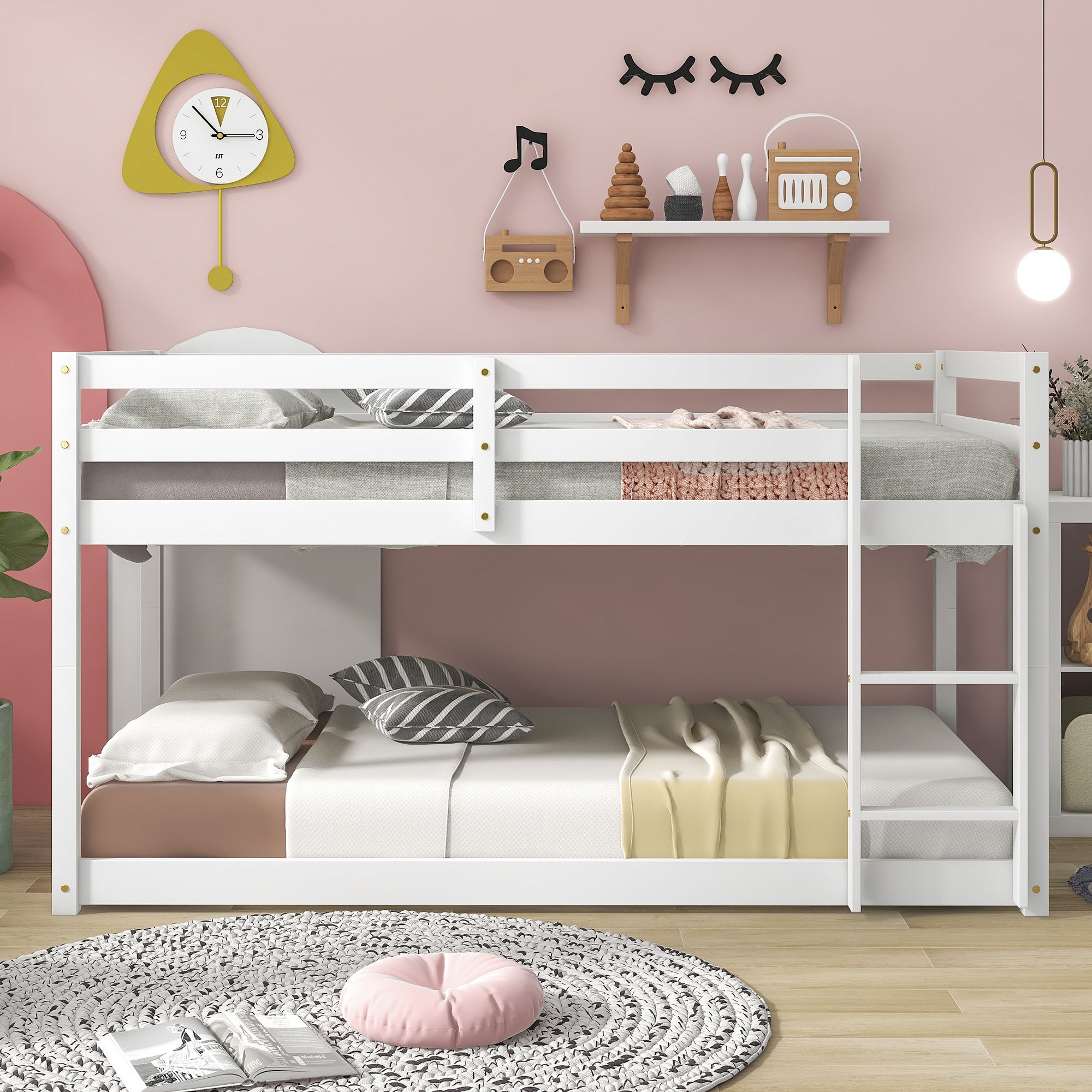 Twin Over Twin Floor Bunk Bed Comfortable - White