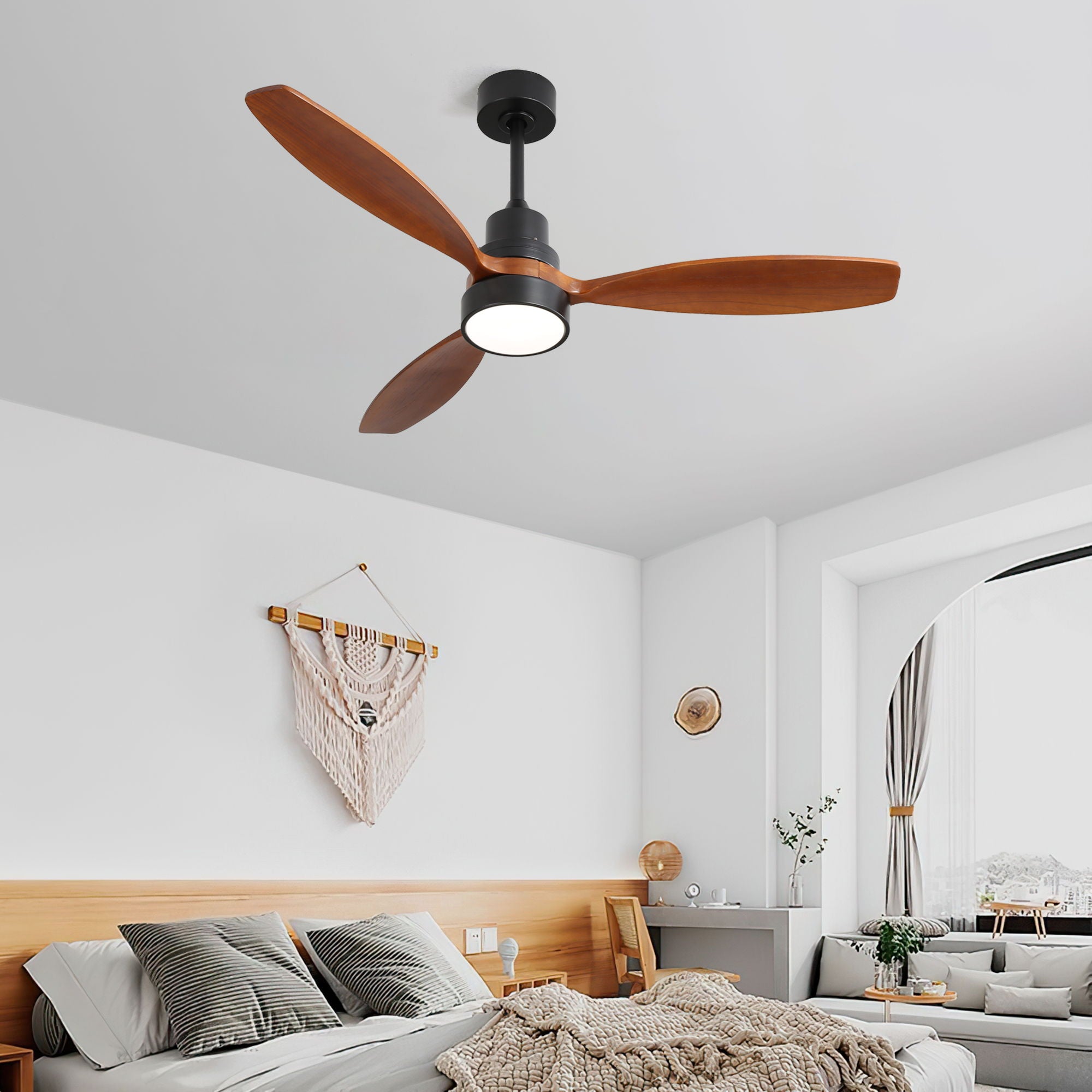 Wooden Ceiling Fan With 3 Solid Wood Blades Remote Control Reversible DC Motor With LED Light