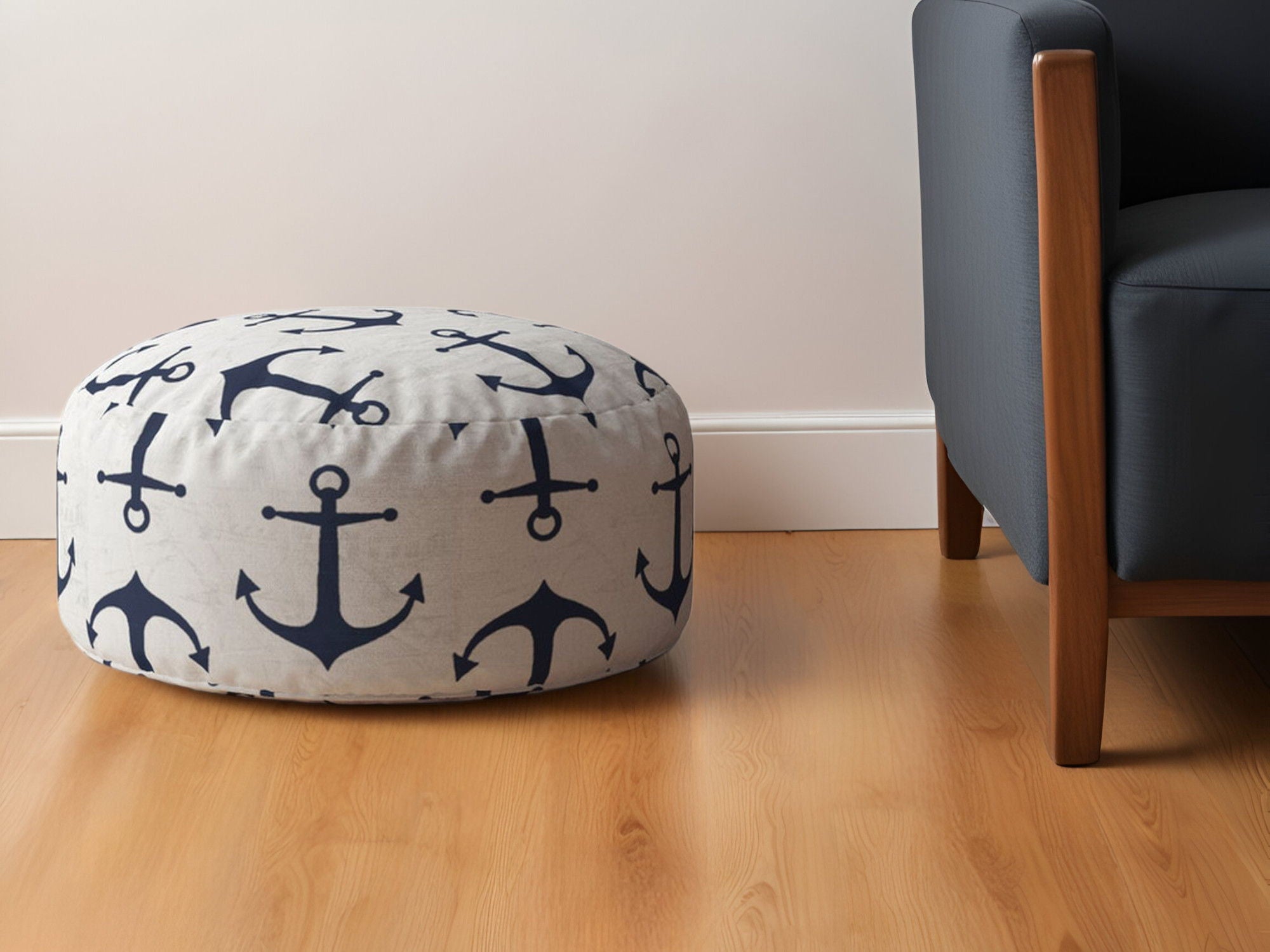 Canvas Round Anchor Pouf Ottoman - Blue / Gray