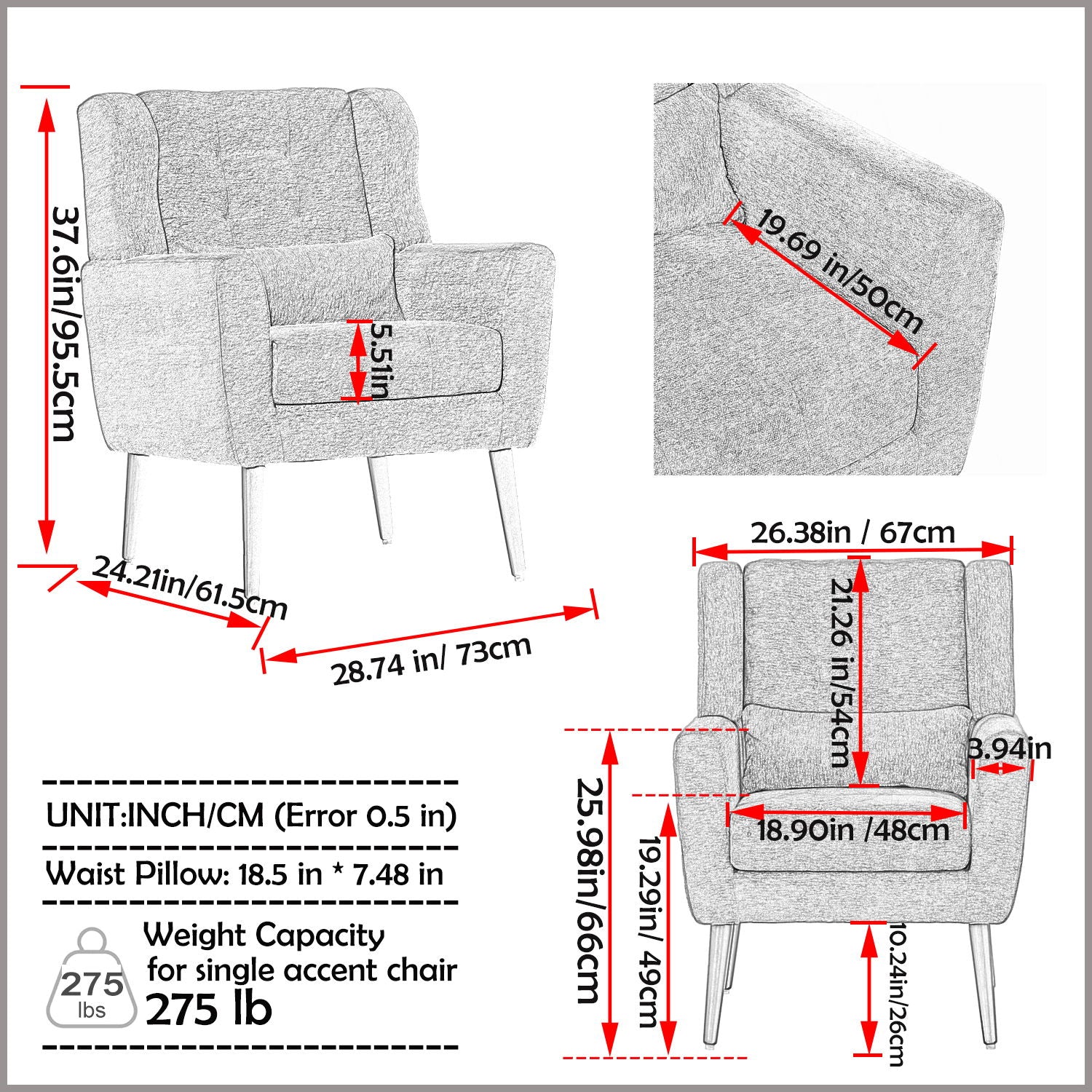 Modern Accent Chair, Chenille Arm Chairs For Living Room, Upholstered Mordern Armchair, Comfy Soft Padded Lounge Chair In Small Space, Bedroom, With Pillow, Solid Wood Leg