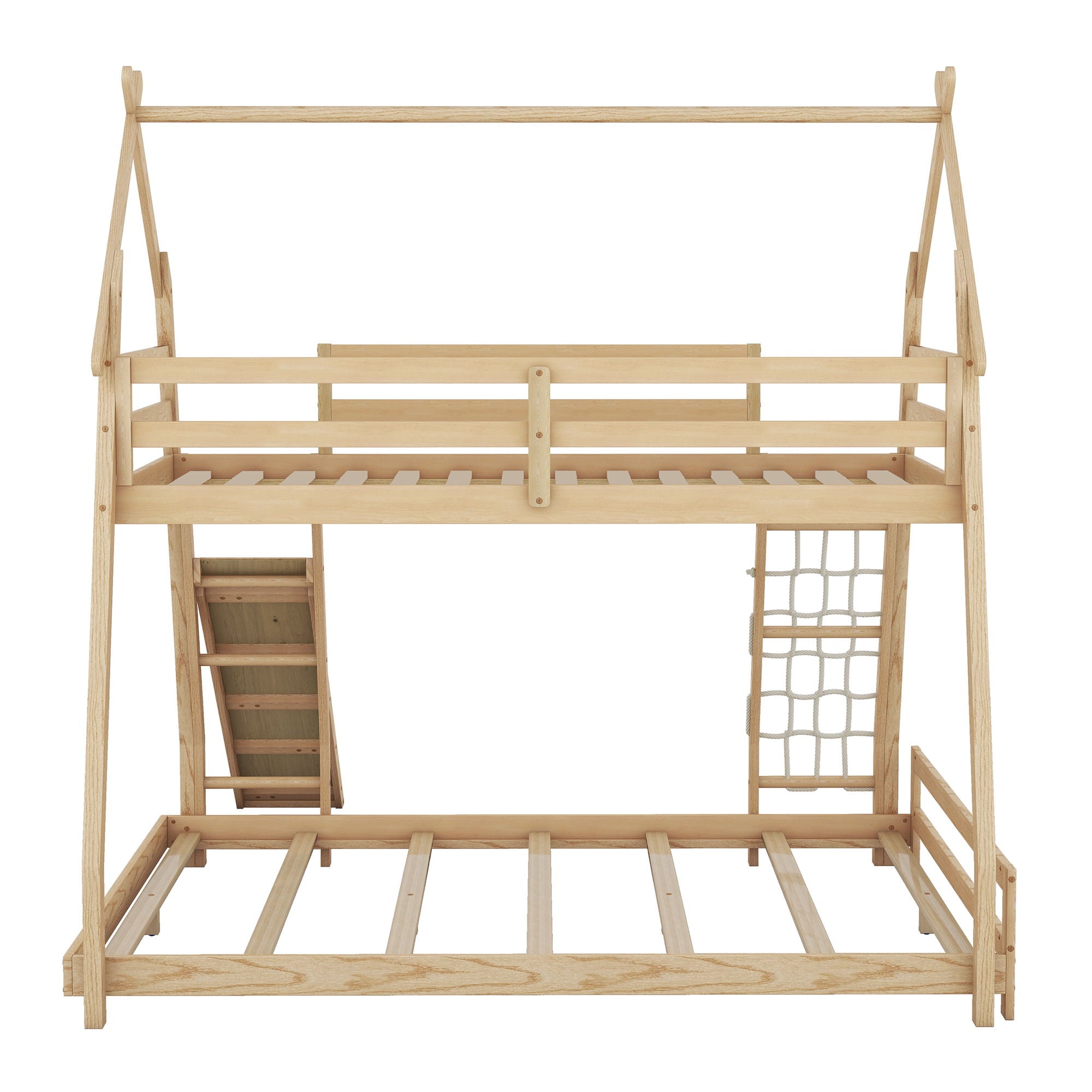 Twin Over Queen House Bunk Bed With Climbing Nets And Climbing Ramp