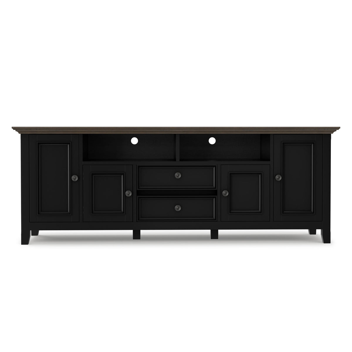 Black wood TV media stand with open shelving and cabinet storage, front view - Bel Furniture