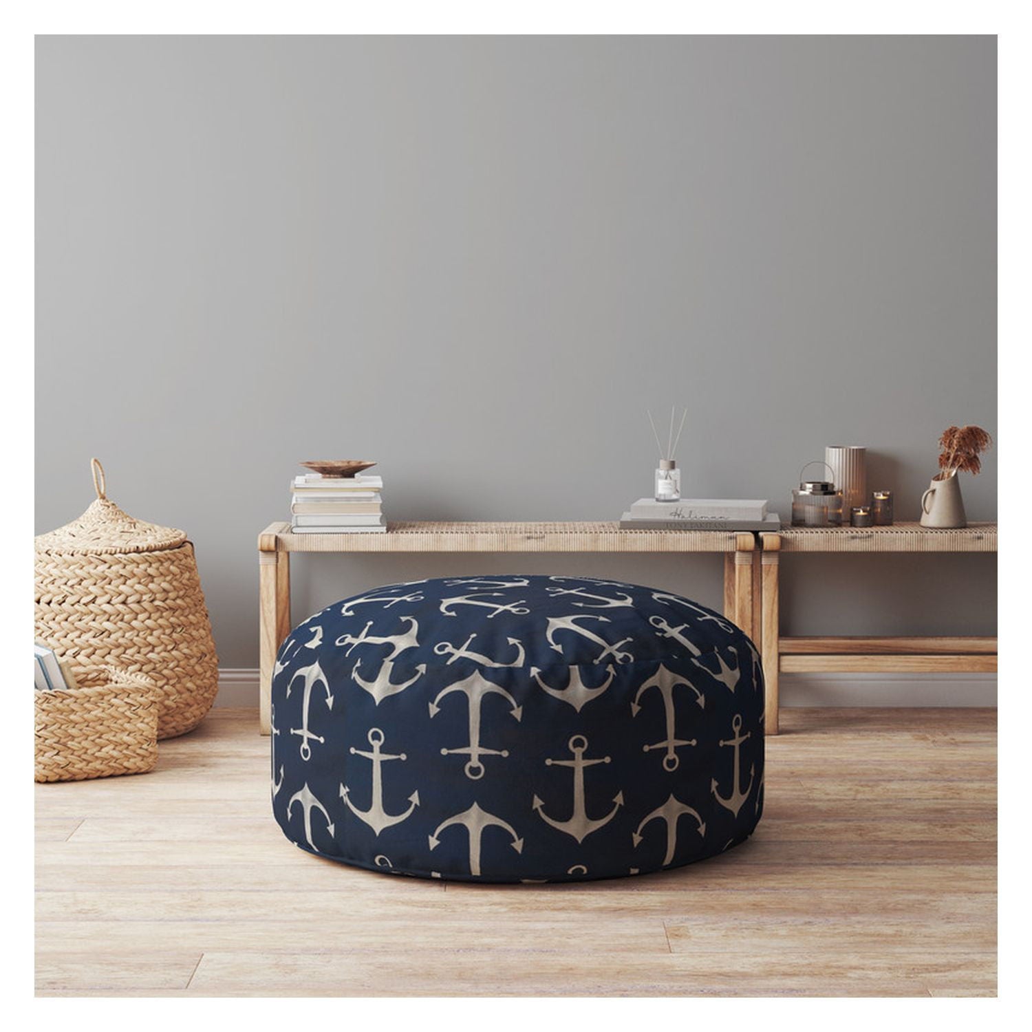 Twill Round Anchor Pouf Cover - Blue