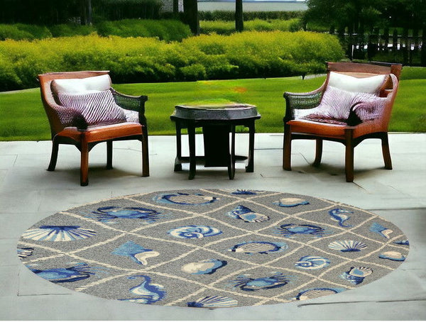 8' Hand Hooked UV Treated Coastal Sea Life Round Indoor / Outdoor Area Rug - Gray