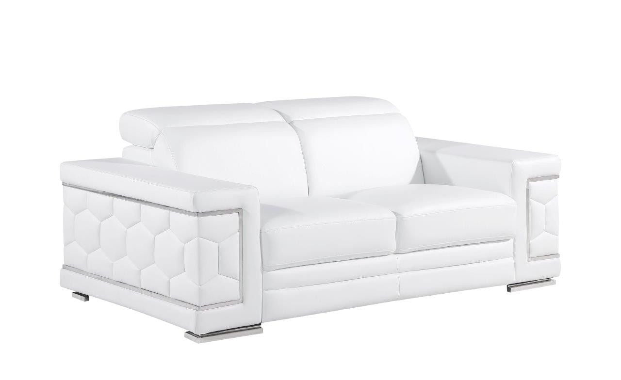 Genuine Leather Love Seat - White / Silver