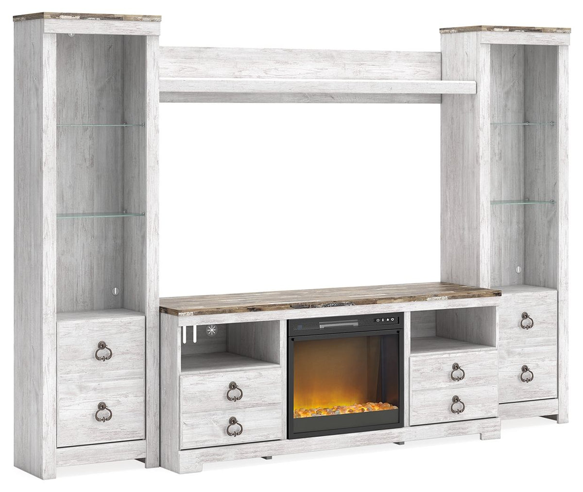 Willowton - Entertainment Center With Fireplace Option Light Brown 4 Pc. Entertainment Center With 64" TV Stand And Glass Stone Fireplace Insert by Signature Design by Ashley® | Bel Furniture