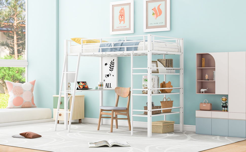 Loft Metal Bed With 3 Layers Of Shelves And Desk, Stylish Metal Frame Bed With Whiteboard