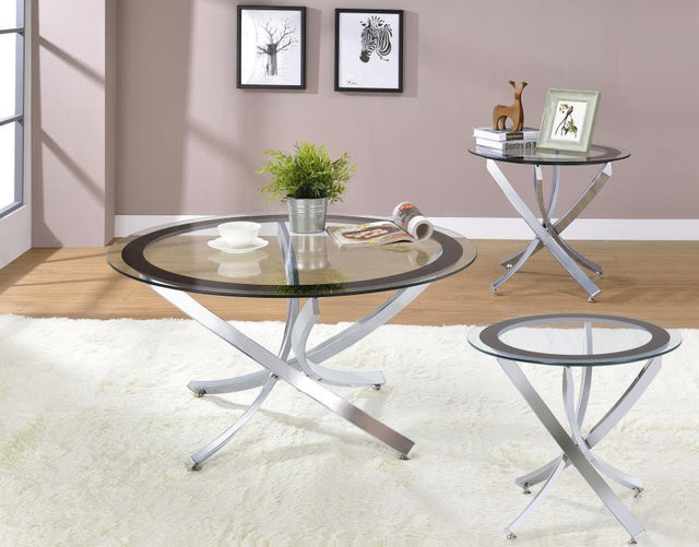 Brooke - Round Coffee Table Set Pearl Silver 3 Pc. Coffee Table, 2 End Tables by Coaster Fine Furniture | Bel Furniture