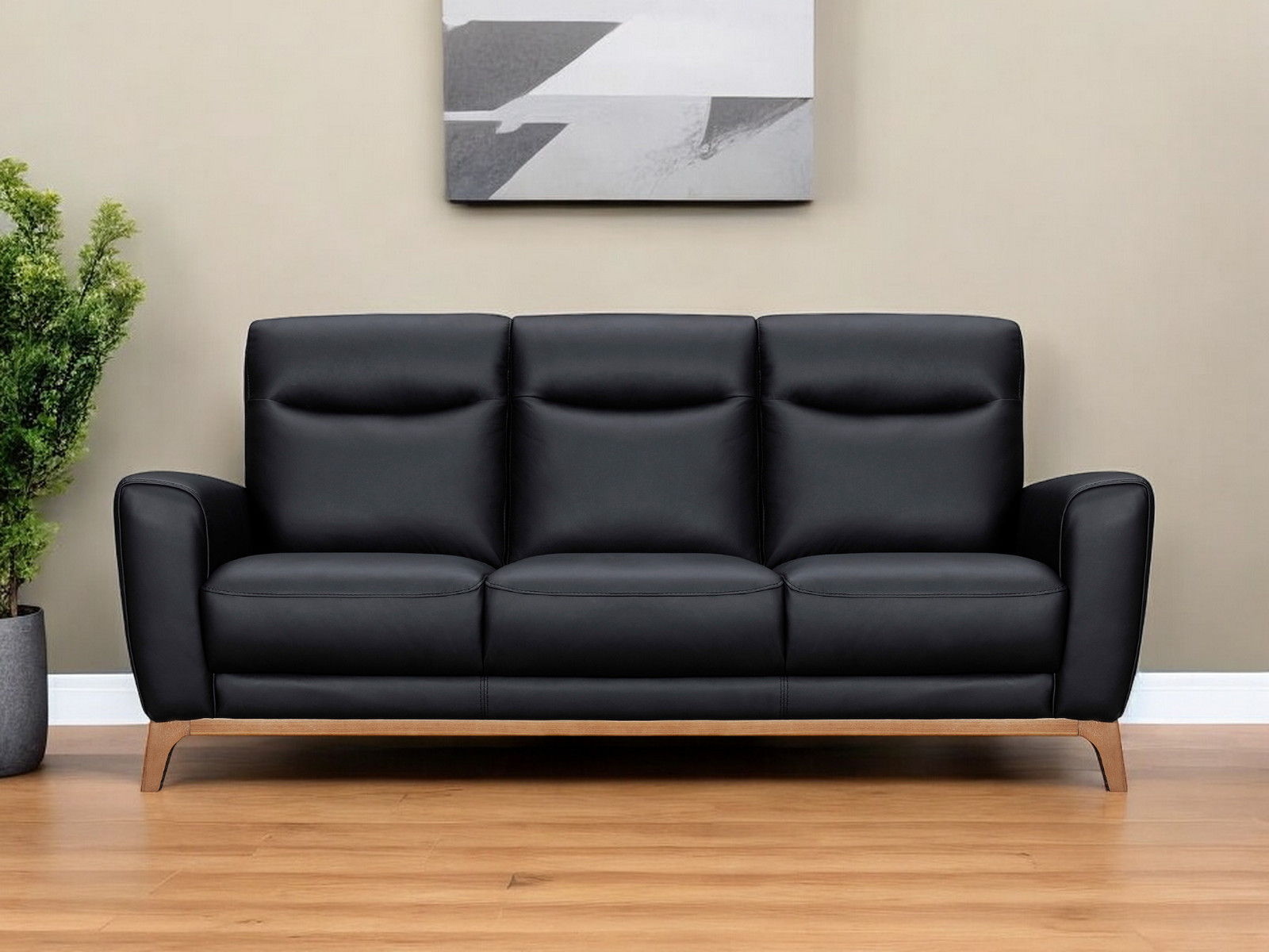 Leather Sofa With Brown Legs - Black