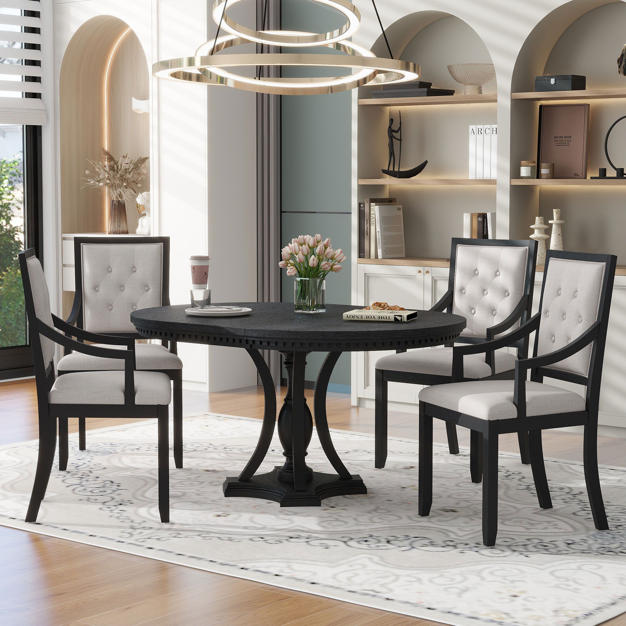 Dining Set Retro Extendable Round Table And Chairs For Kitchen Dining Room