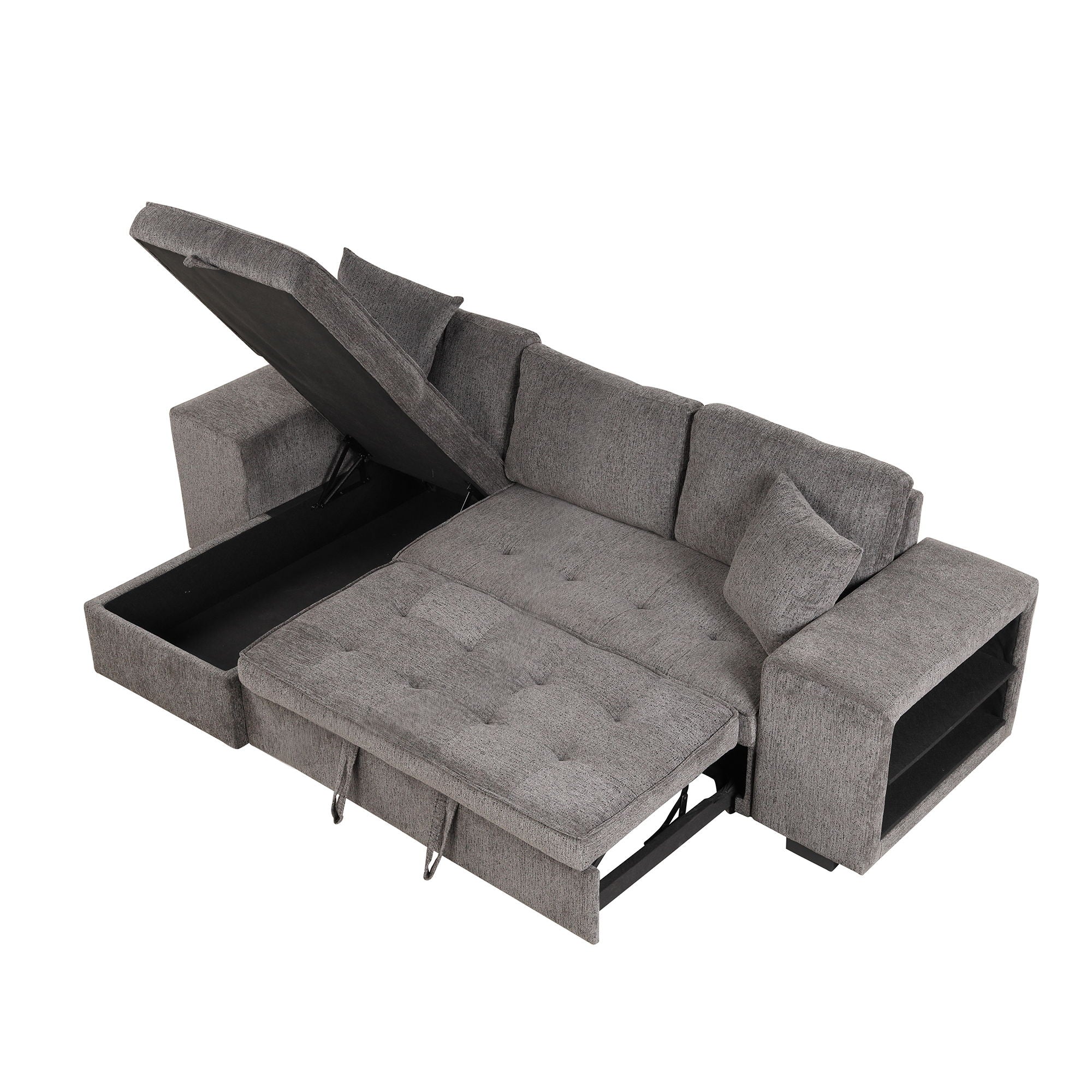 Modern L-Shape 3 Seat Reversible Sectional Couch, Pull Out Sleeper Sofa With Storage Chaise And 2 Stools For Living Room Furniture Set