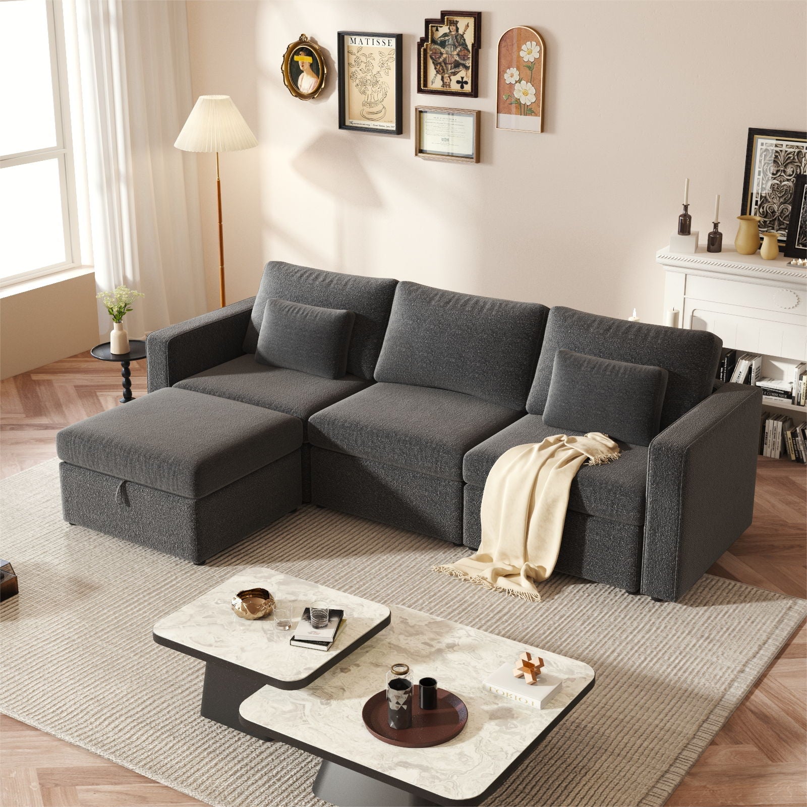 4 Seats Modern Cotton Linen L-Shape Sectional Sofa, Oversized Upholstery Sectional Sofa, Chaise Couch With Storage Ottomans For Living Room / Loft / Apartment / Office