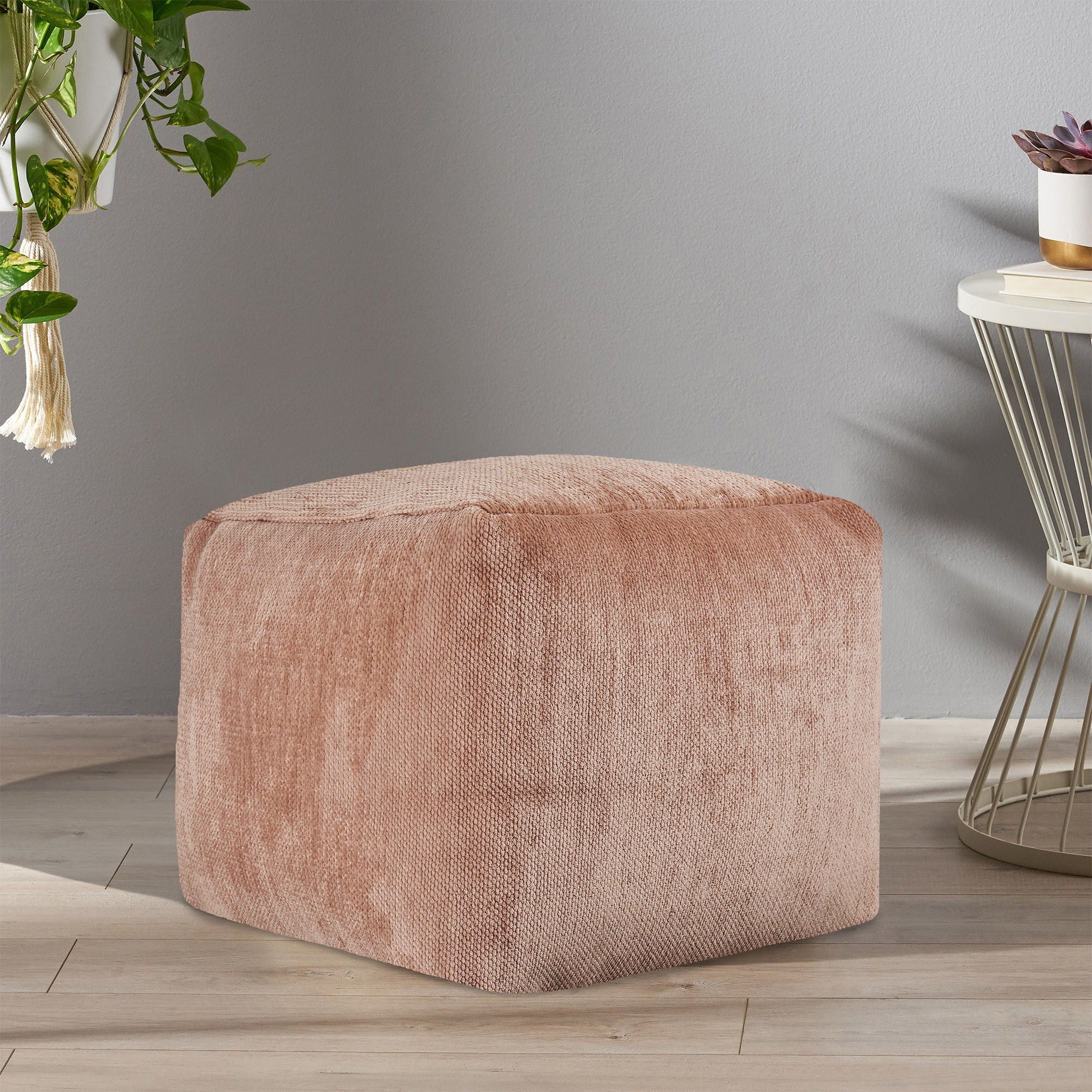 Chenille Cube Pouf Ottoman - Beige