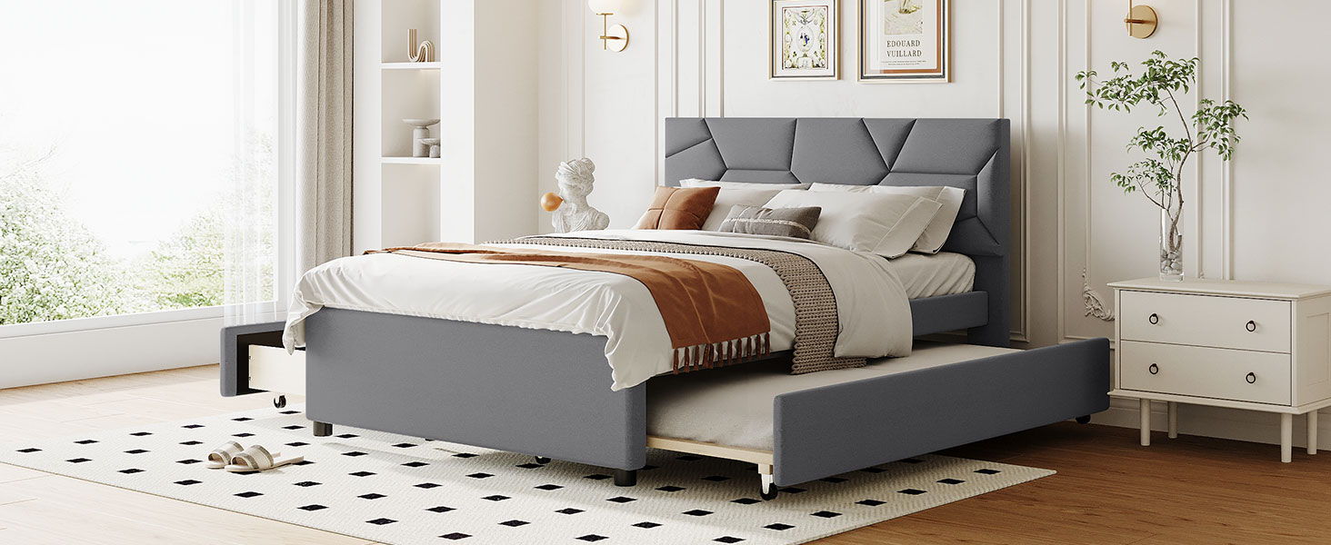 Full Size Upholstered Platform Bed With Brick Pattern Headboard, With Twin Size Trundle And 2 Drawers, Linen